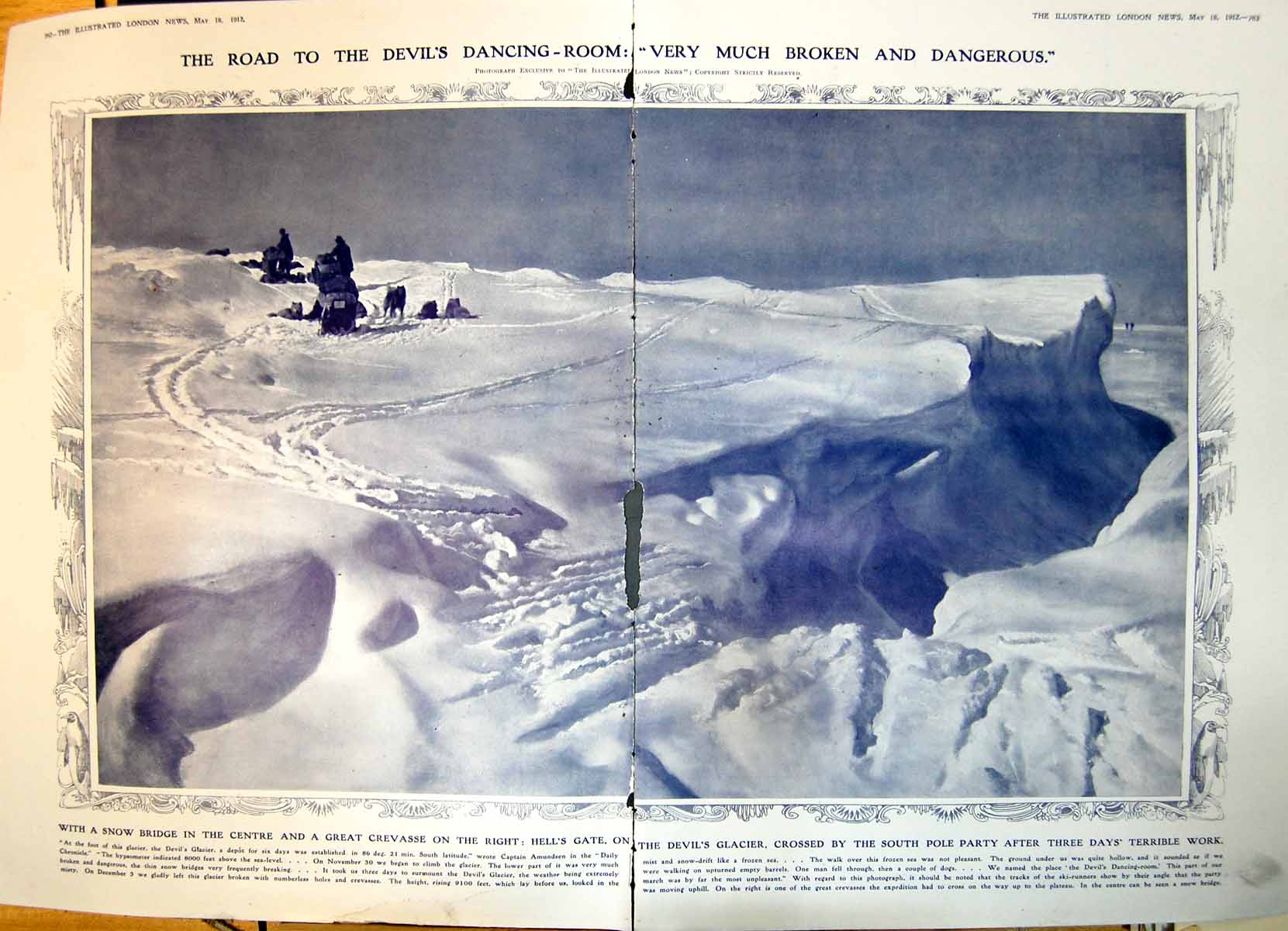 Print Hells Gate Devils Glacier Snow Crevasse South Pole Party 1912 Damaged