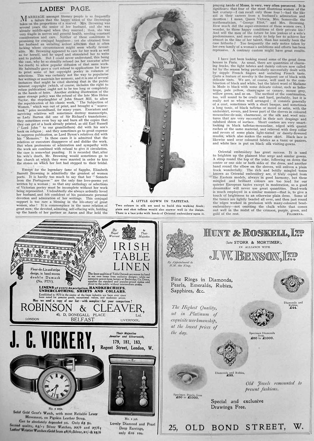 Old Print Gown Taffetas Robinson & Cleaver Irish Table Linen Vickery Watch 1912