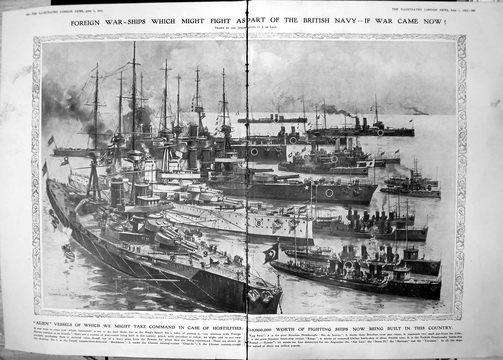 Old Print Foreign War Ships Built This Country British Navy 1912 Damaged 20th