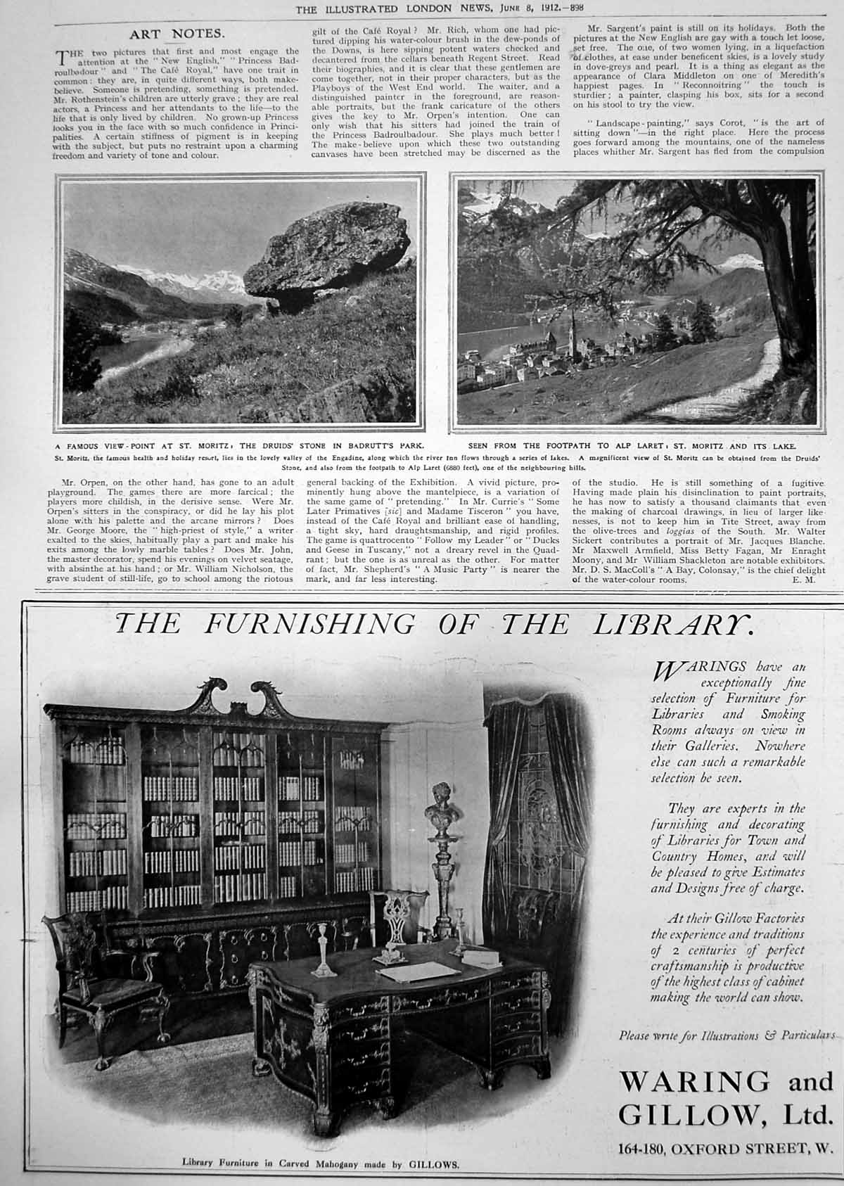 Antique Old Print St Moritz Lake View Point Druids Stone Badrutts Park 1912