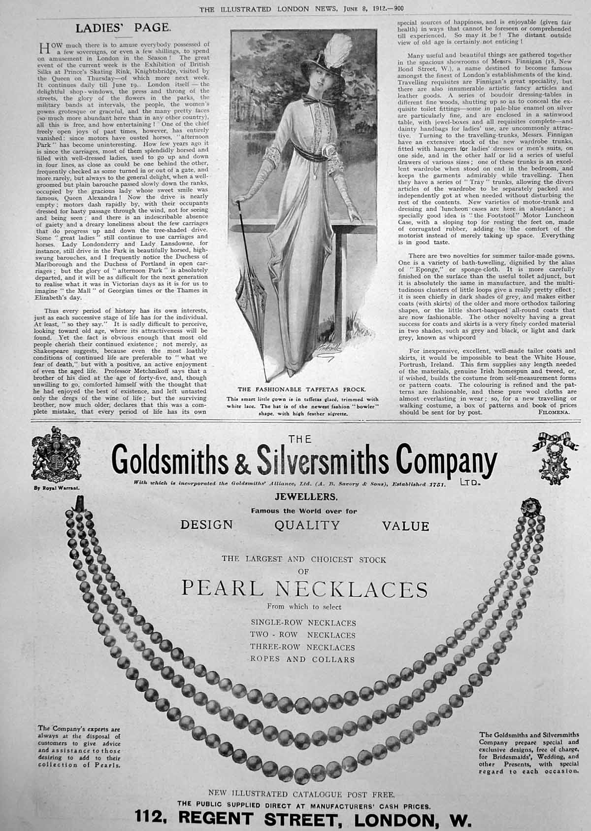 Old Fashionable Taffetas Frock Gsmiths Silversmiths Pearl Necklace 1912 20th