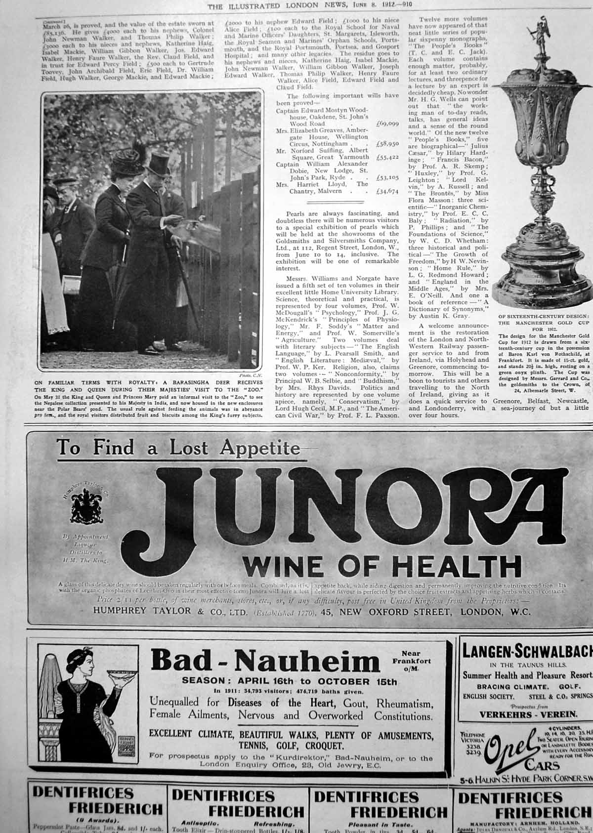 Antique Old Print Manchester GCup King Queen Visit Zoo Barasingha Deer 1912