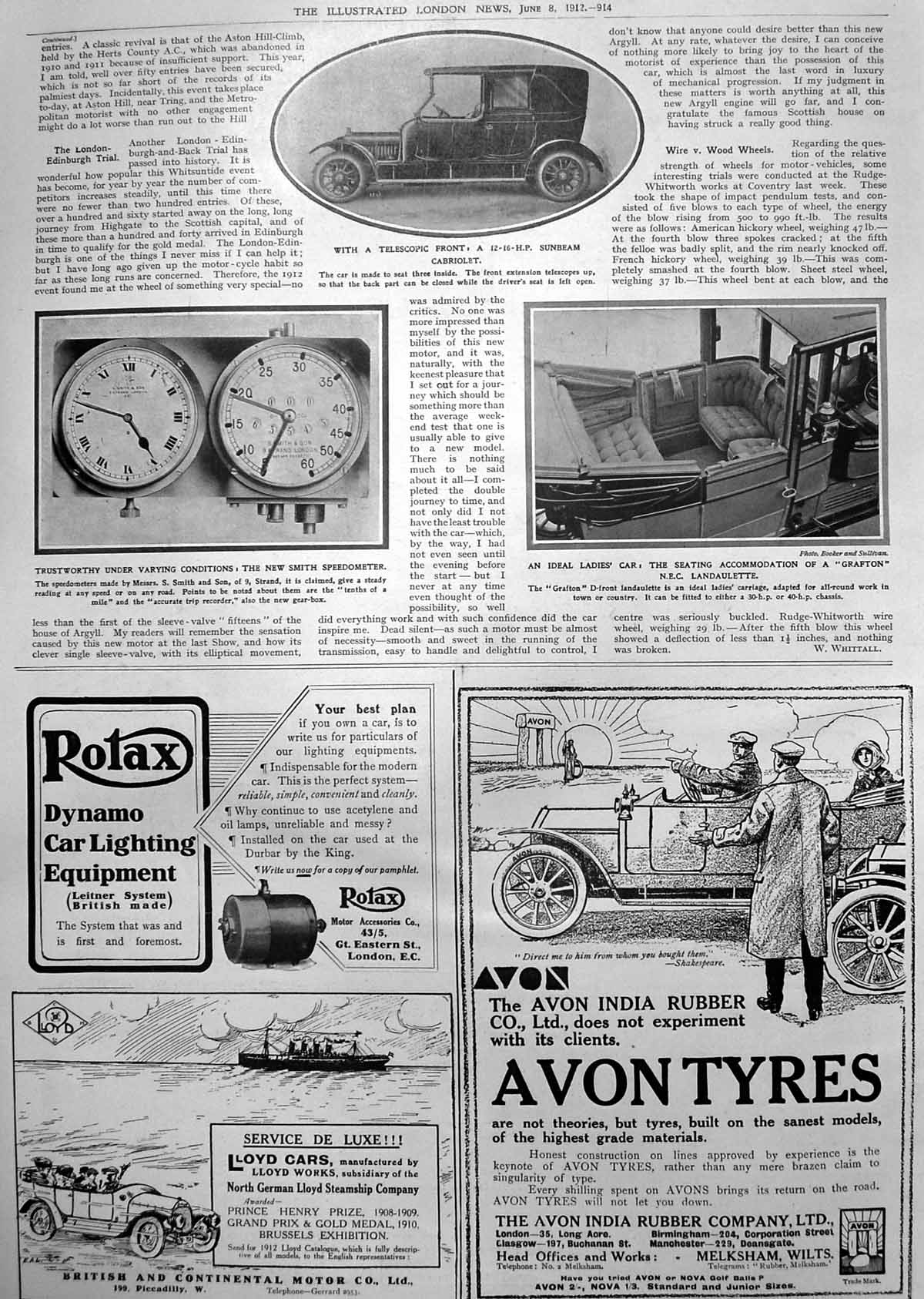 Antique Print Smith Speedometer Sunbeam Cabriolet Grafton Landaulette 1912 20th