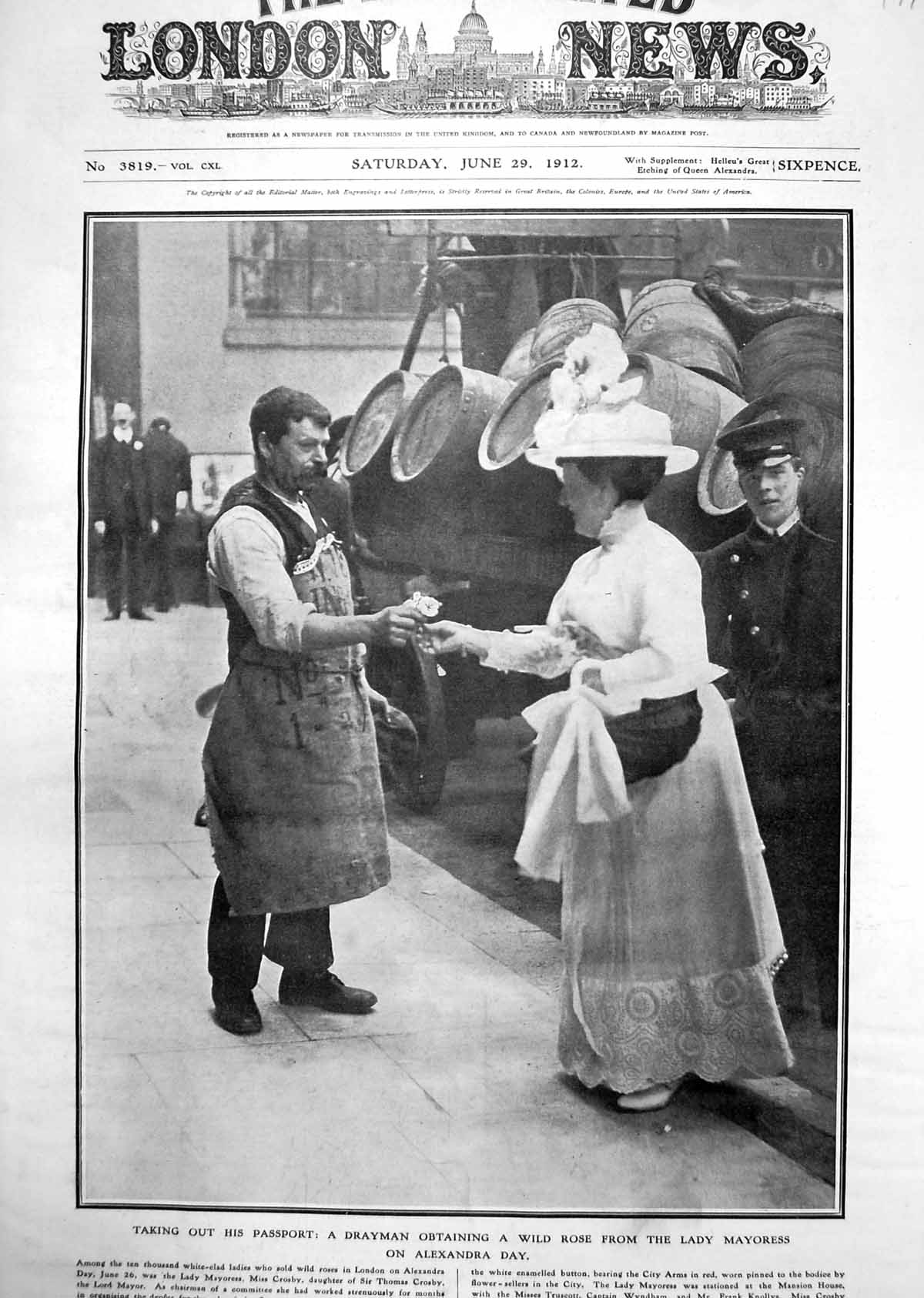 Antique Print Drayman Obtaining Wild Rose Lady Mayoress Alexandra Day 1912 20th