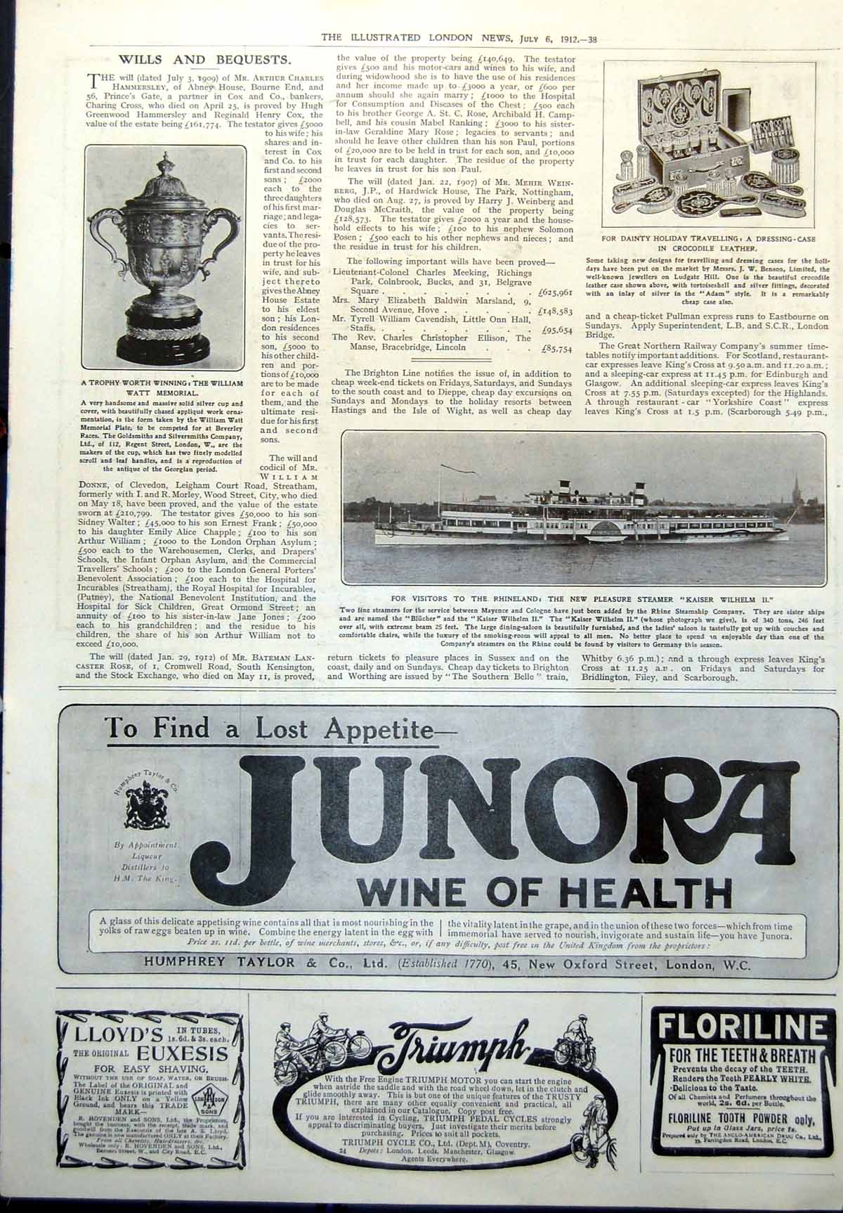 Old Pleasure Steamer Rhine Kaiser Wilhelm 11 William Watt Trophy 1912