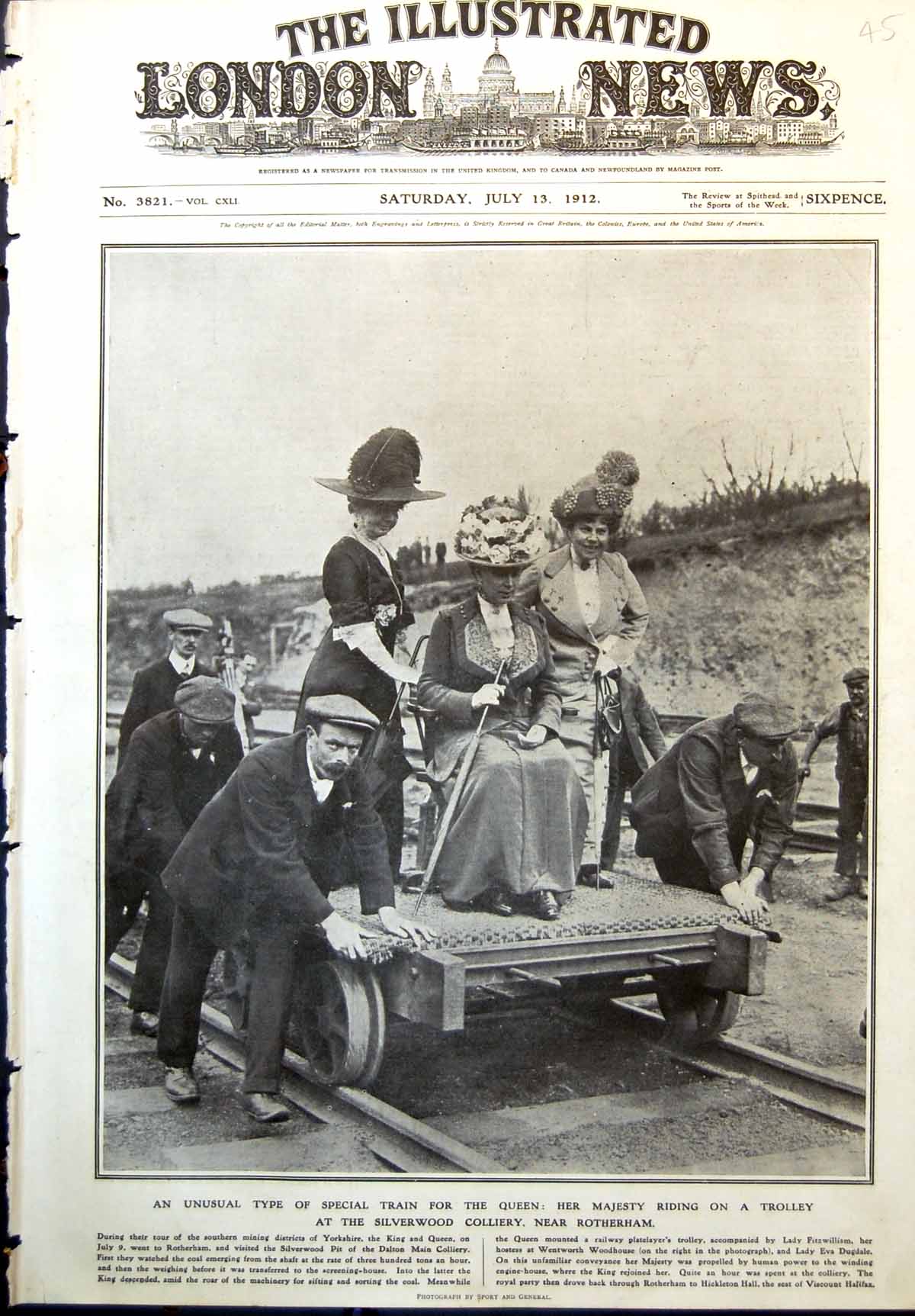 Old Antique Print Queen Riding Trolley Silverwood Colliery Rotherham 1912 20th