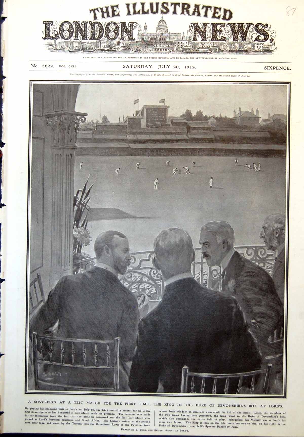 Antique Old Print King Test Match First Time Duke Devonshires Box Lords 1912