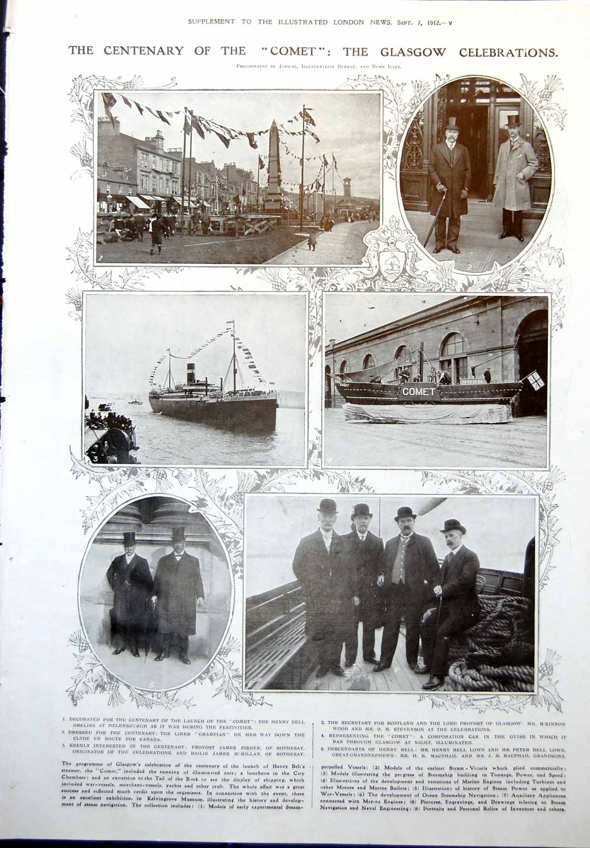 Antique Print Centenary Comet Glasgow Grampian P Lowe Provost Maguire 1912