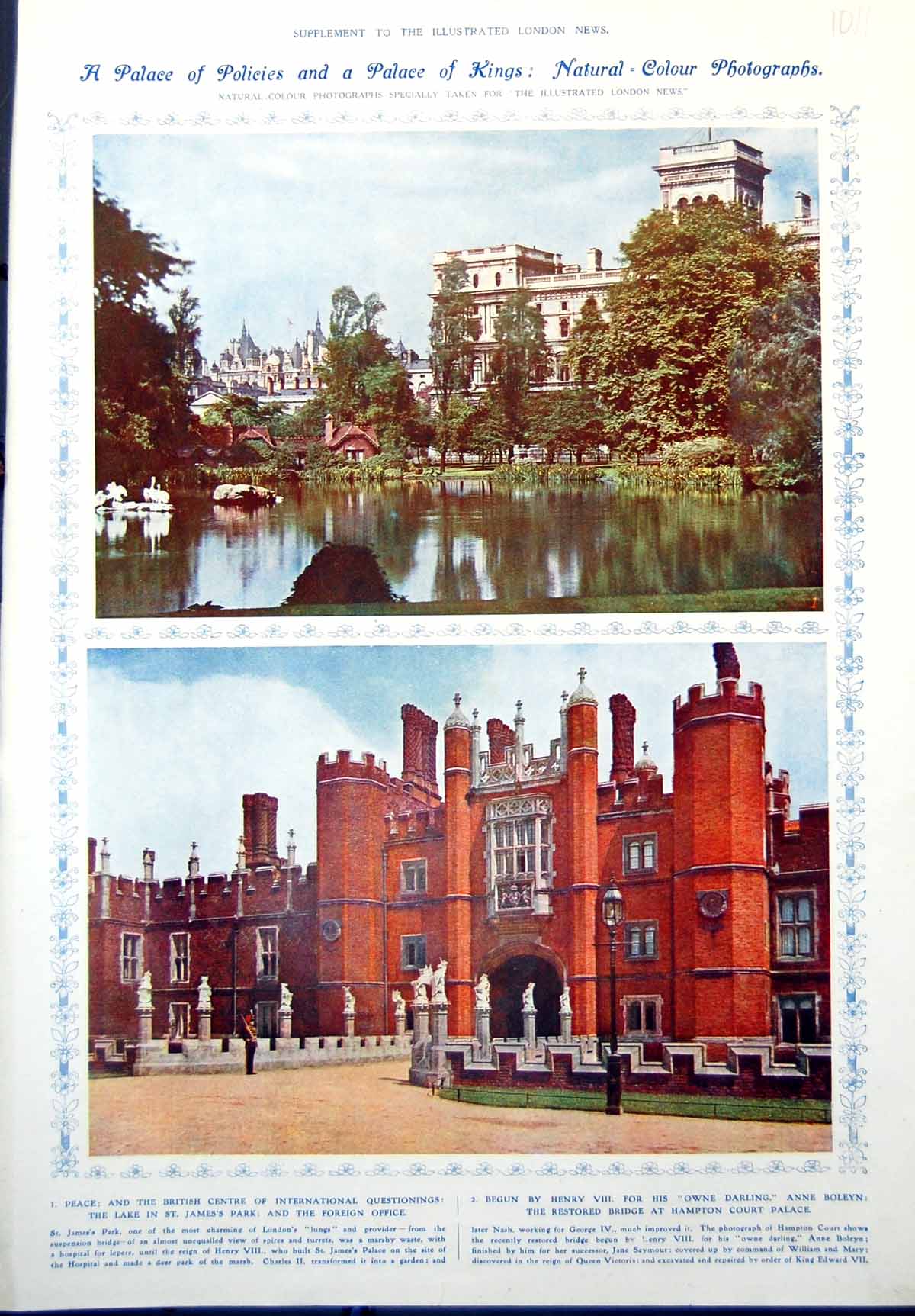 Old Print Lake St James Park Hampton Court Palace Clocks Nottingham 1912 20th