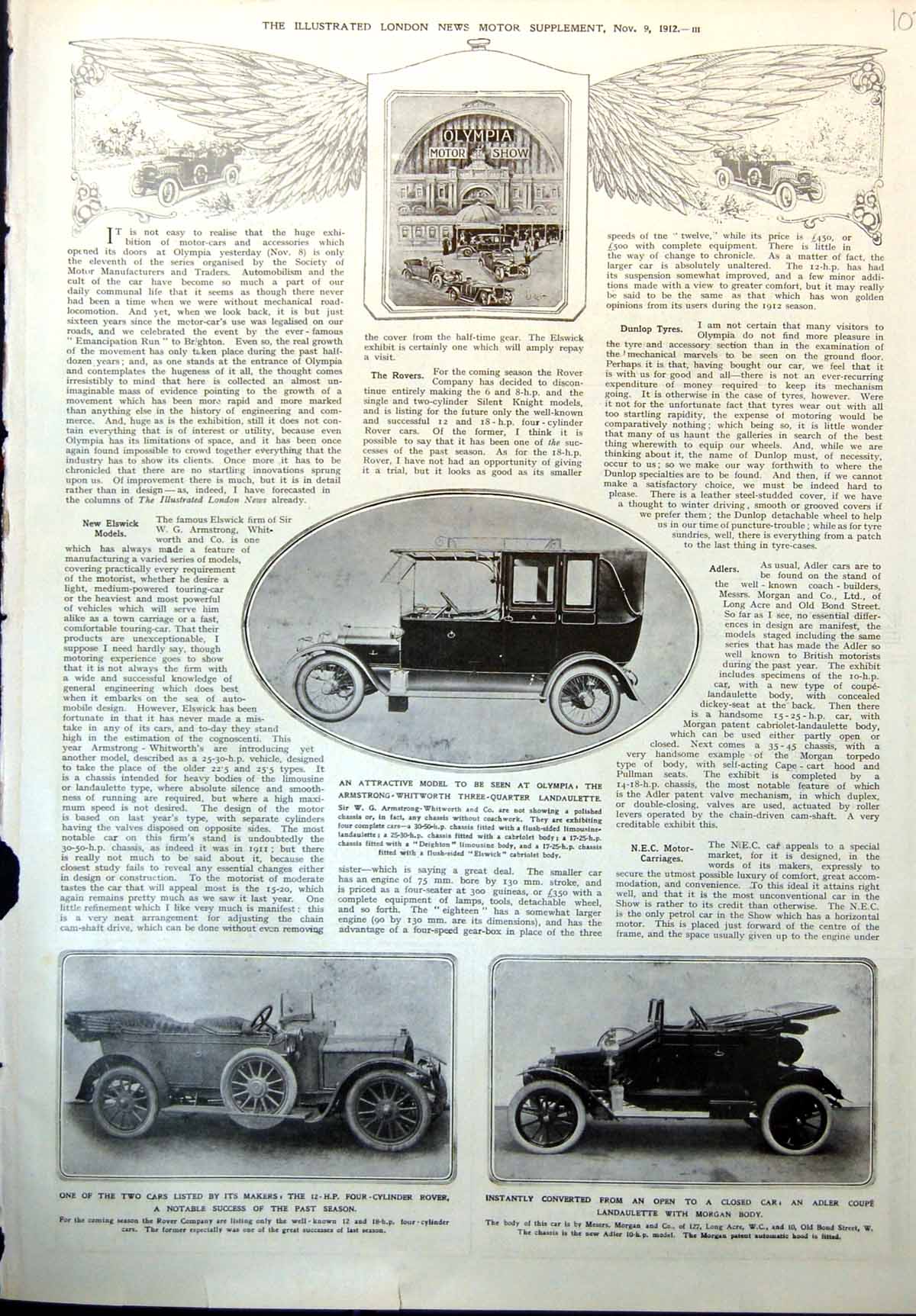 Old Print Armstrong Whitworth Landaulette Rover Adler Coupe Morgan Body