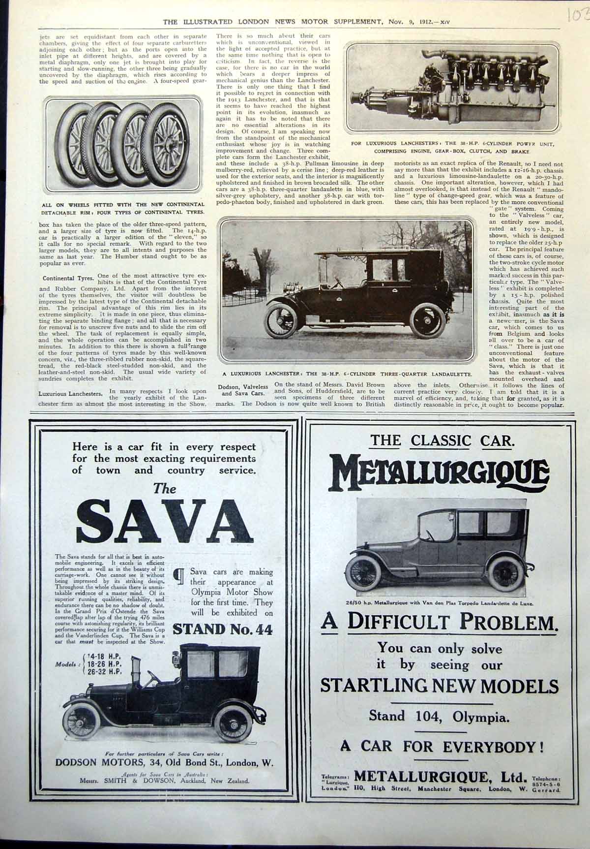 Old Print Lanchester Landaulette 38 HpCylinder Power Unit Tyres 1912