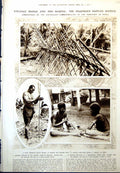 Old Print Papuan Natives Bridge Fire Making Customs Glued Hat Cone 1912 20th