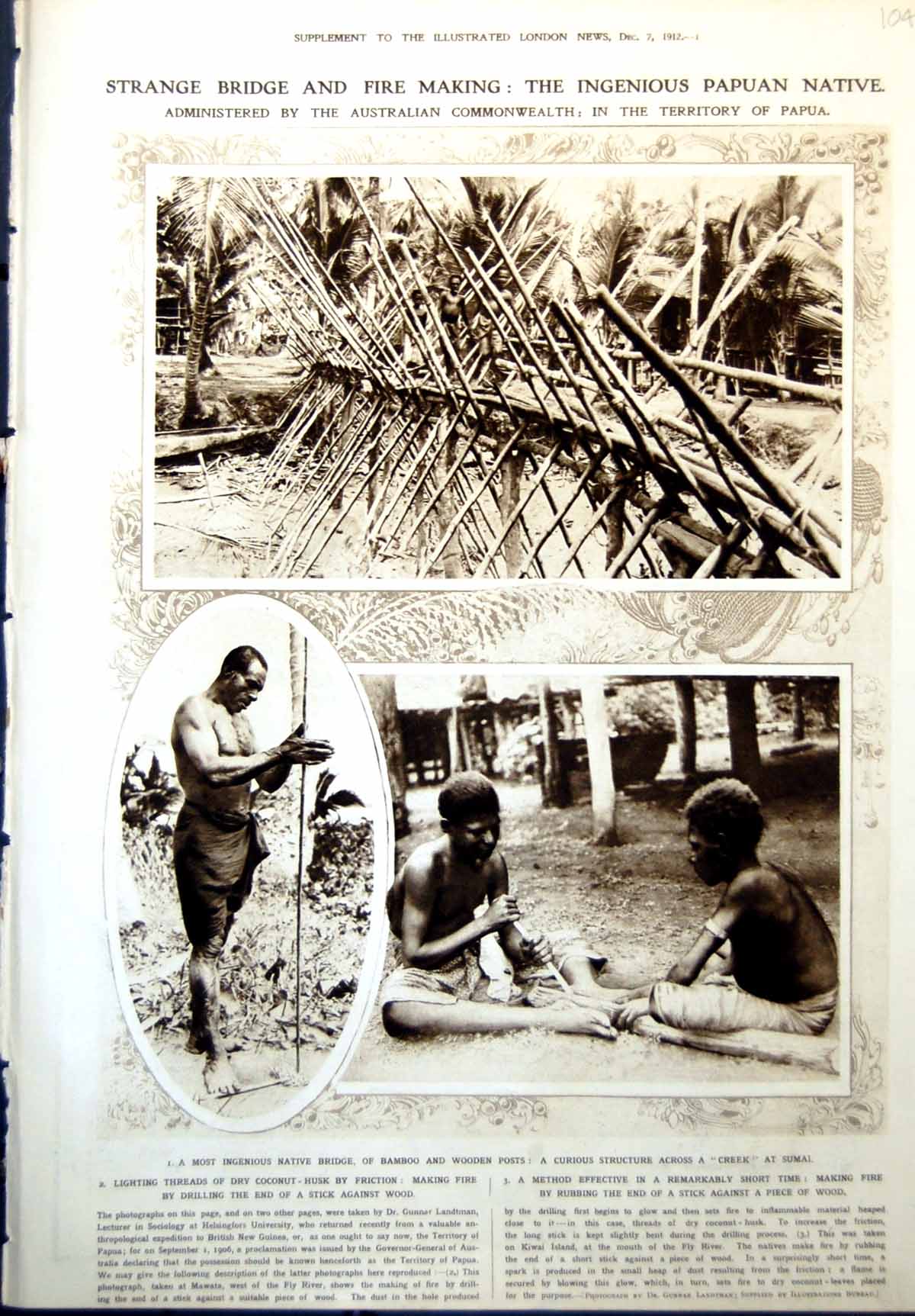 Old Print Papuan Natives Bridge Fire Making Customs Glued Hat Cone 1912 20th