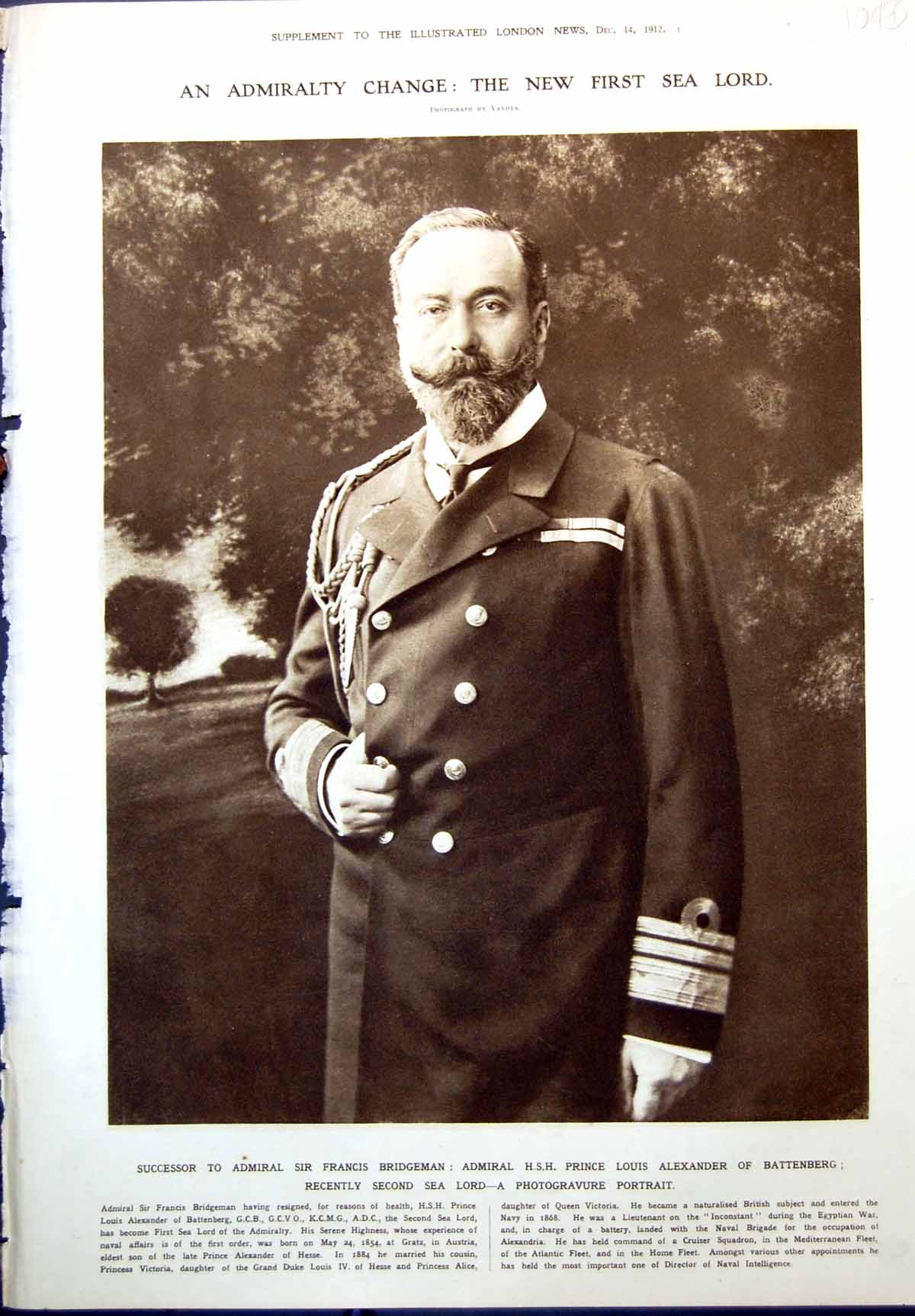 Old Admiral Hsh Prince Louis Battenberg Battle Ships Moltke Kaiser 1912 20th