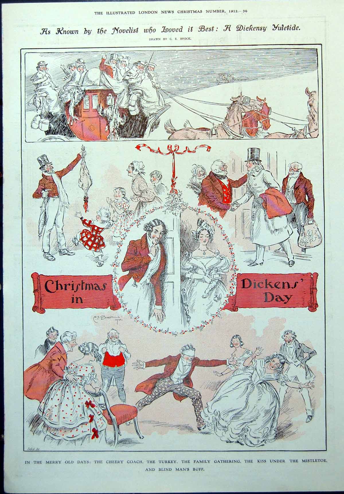 Old Christmas Dickens Day Turkey Family Gathering Blind Mans Buff 1912 20th
