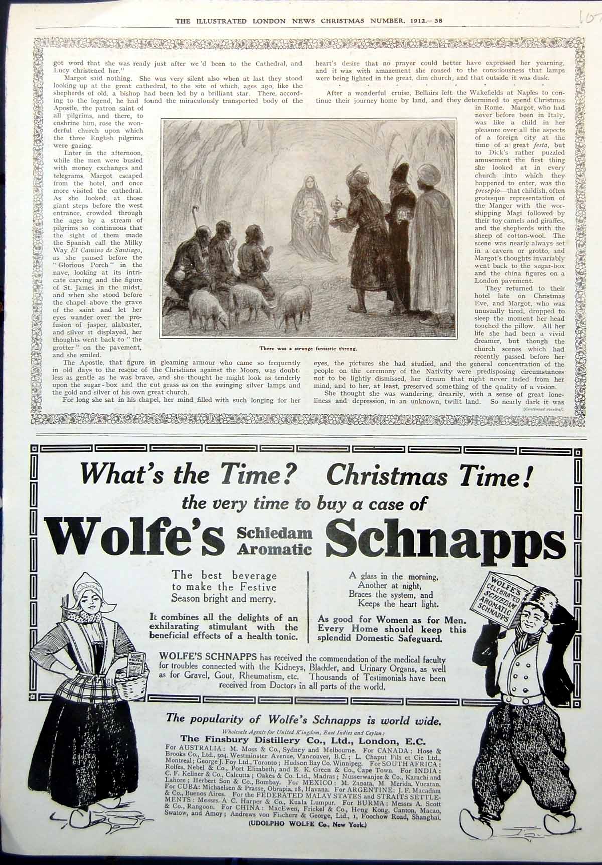 Old Print Christmas Stable Scene Wolfes Schiedam Aromatic Schnapps 1912 20th