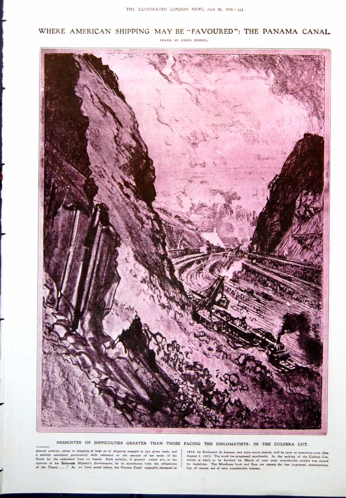 Antique Print Panama Canal Culebra Cut Channel Crossing Ship Normannia 1912