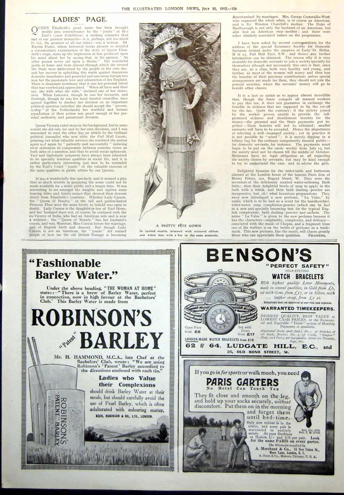 Old Print Fete Gown Paris Garters A Merchant Bensons Watch Bracelets 1912 20th