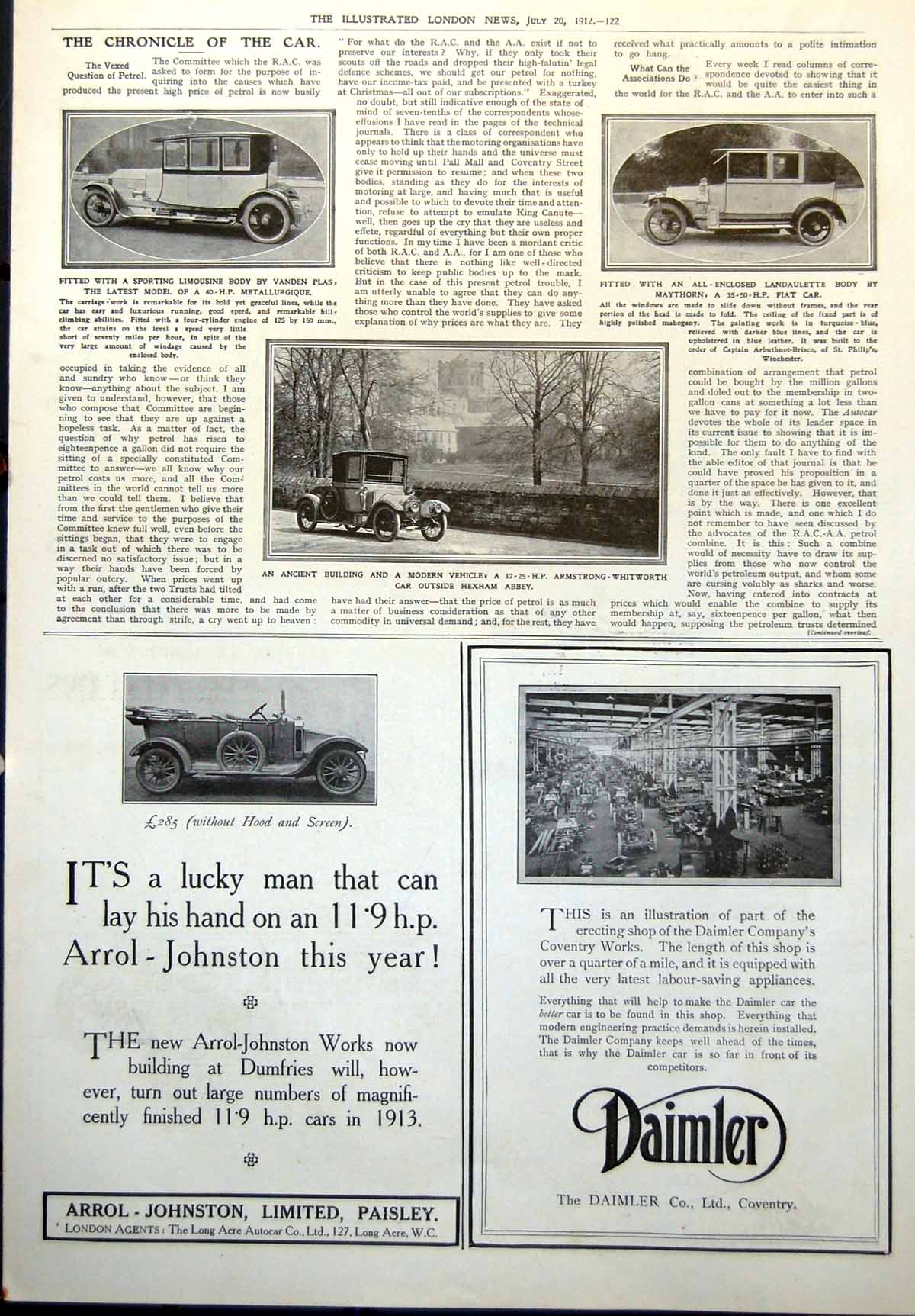 Old Print Armstrong Whitworth Car Hexham Abbey Fiat Landaulette Body 1912 20th