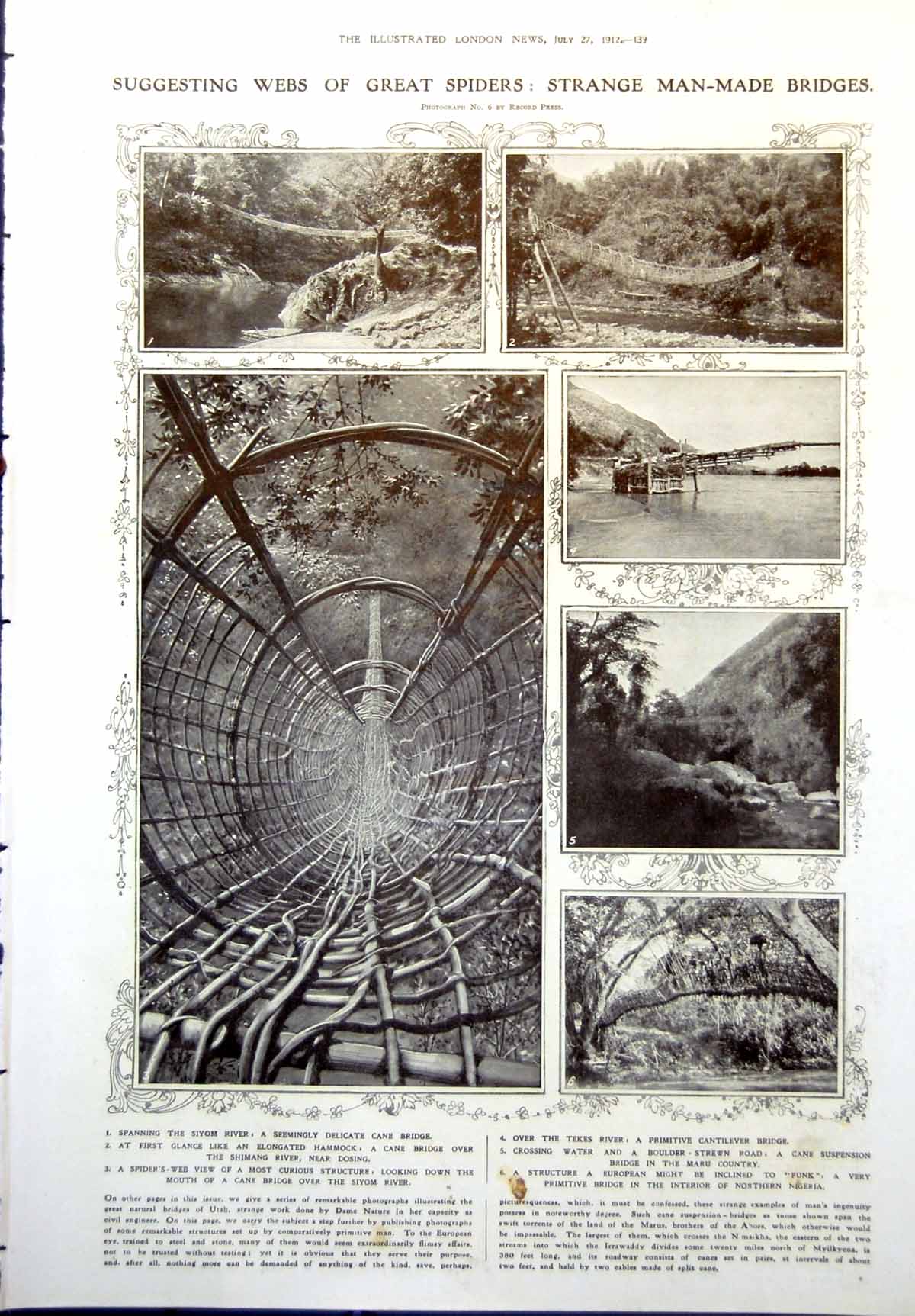 Old Print Strange Bridges Cane Siyom Suspension Maru Nonnezoshi Arch 1912 20th