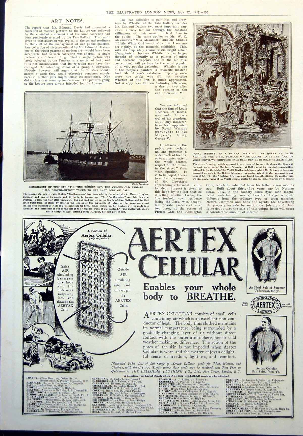 Old Print Hms Southampton Towed Last Port Queen Delhi Steel Peacock 1912 20th