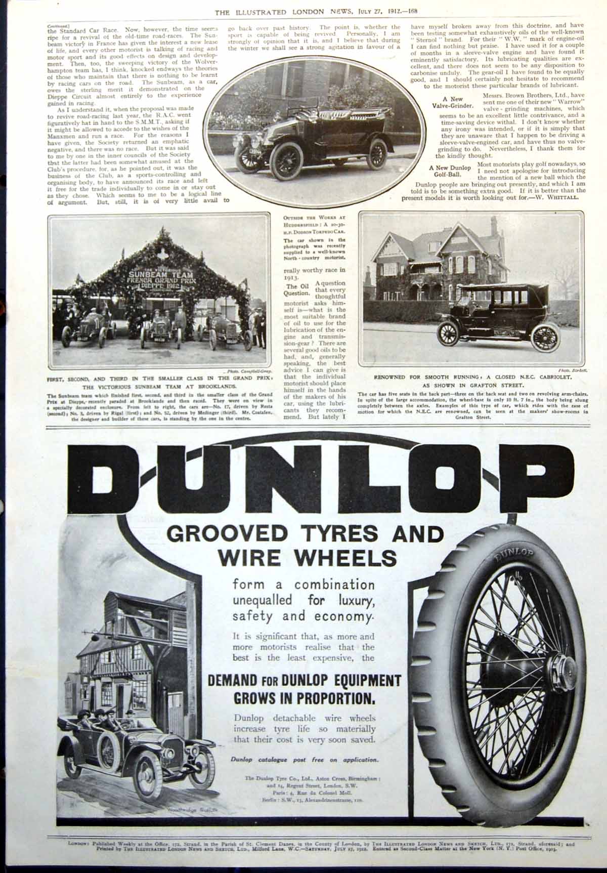 Antique Print Dodson Torpedo Car Nec Cabriolet Sunbeam Team Brooklands 1912