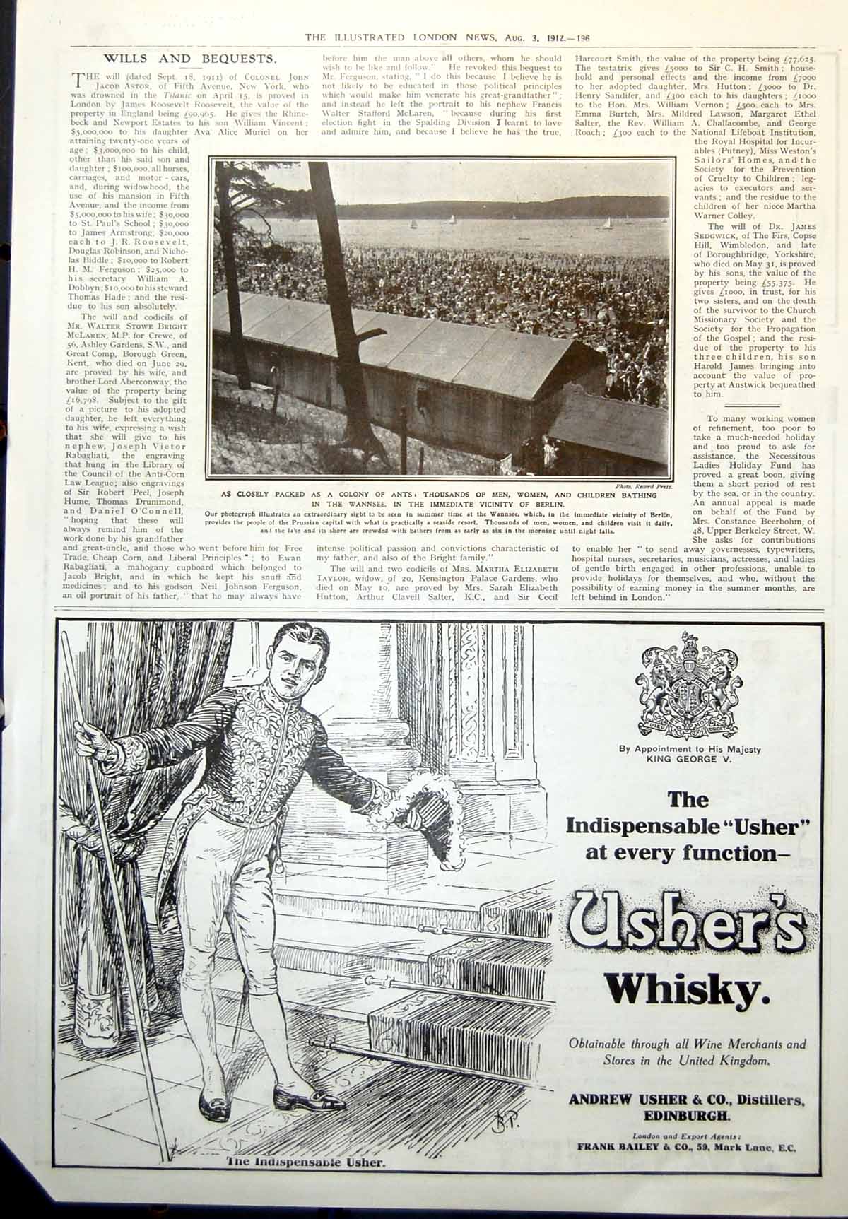 Antique Print Thousands Bathing Wannsee Berlin Ushers Whisky Edinburgh 1912