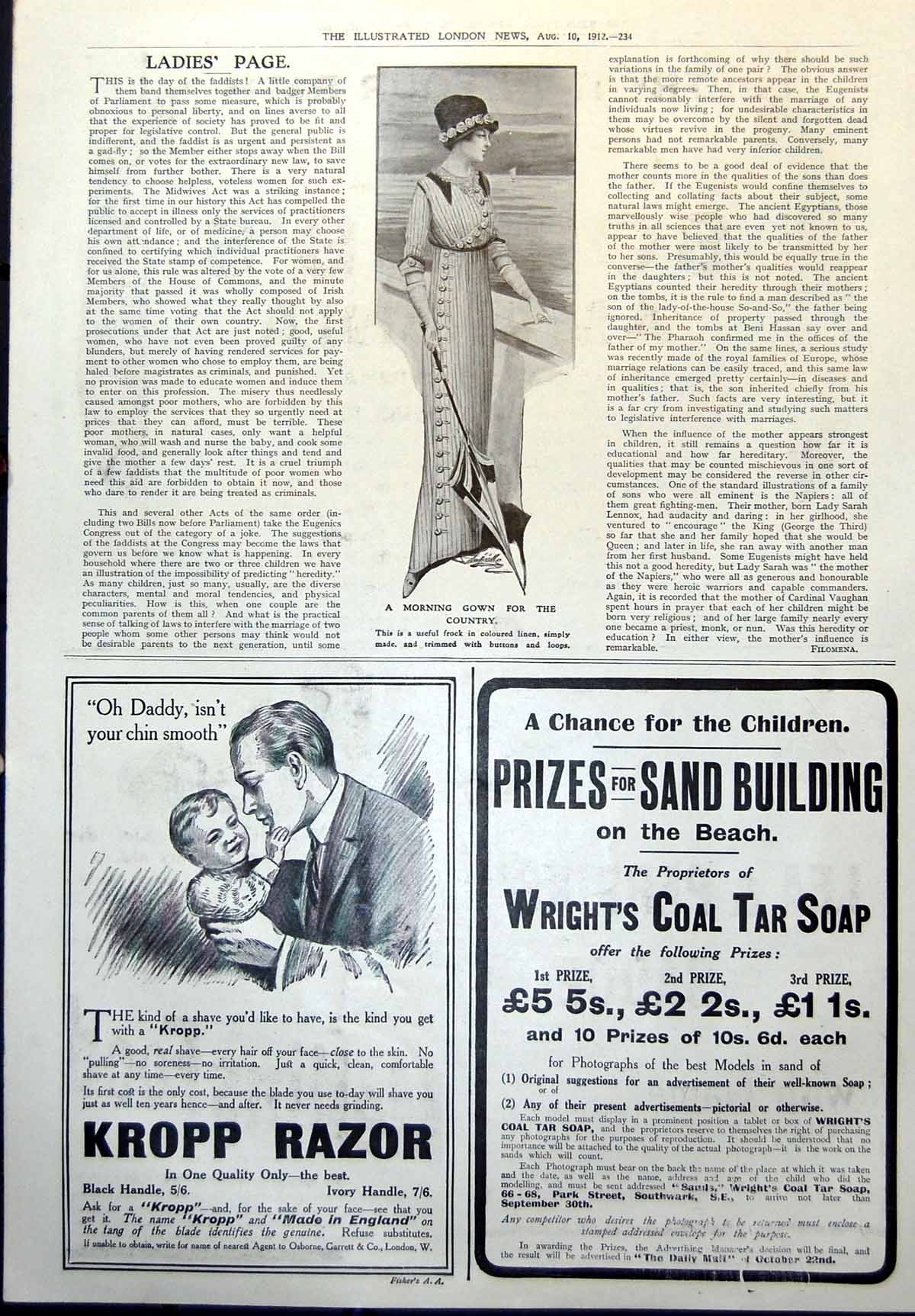 Antique Old Print Morning Gown Country Kropp Razor Wrights Coal Tar Soap 1912