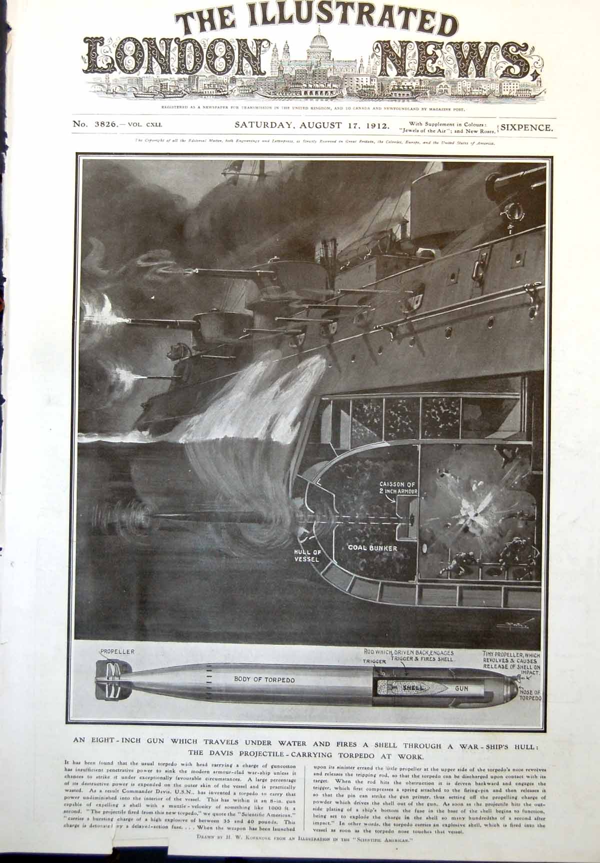 Old Davis Projectile Carrying Torpedo Gun Travels Under Water Shell 1912 20th
