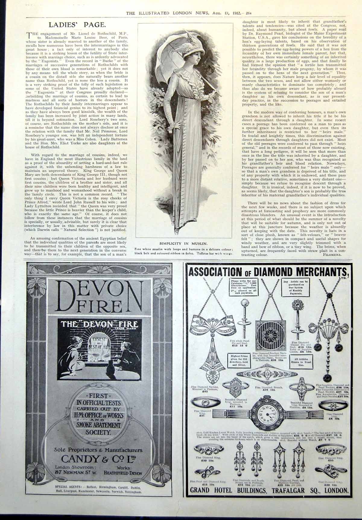 Old Print Simplicity Dress Muslin Devon Fire Assoc Diamond Merchants 1912 20th