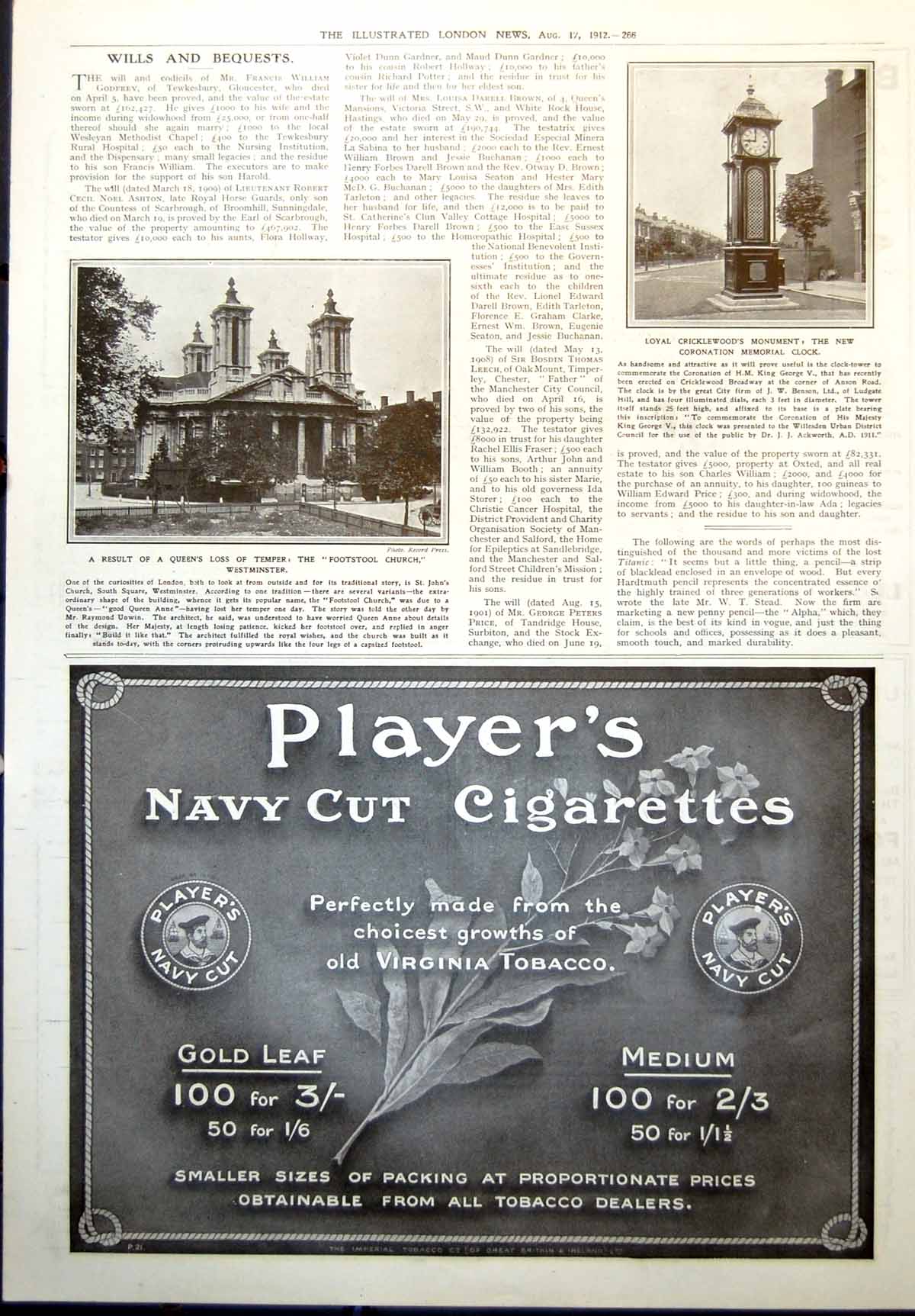 Old Print Footstool Church Westminster New Coronation Memorial Clock 1912 20th