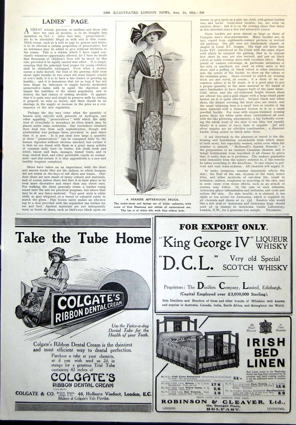 Old Print Seaside Frock Colgates Dental Cream King George 1V Whisky 1912