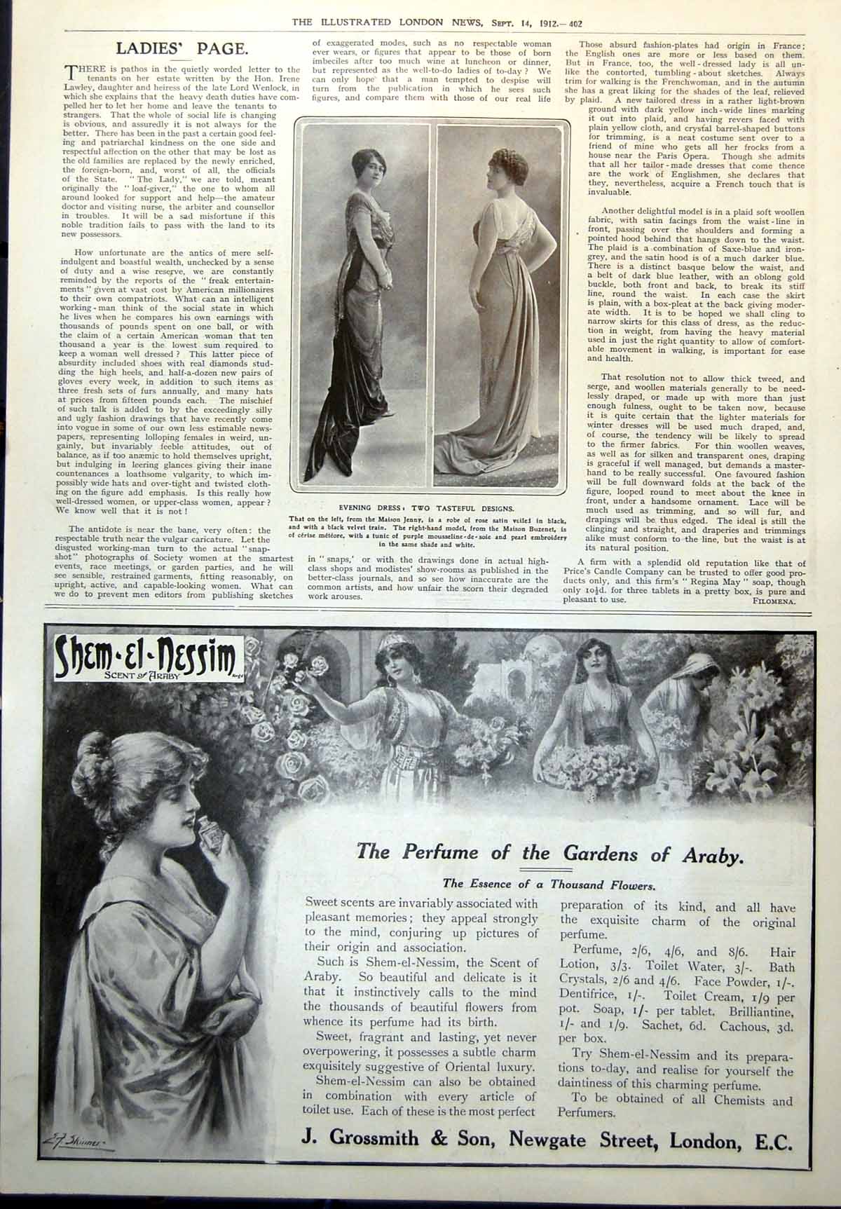 Antique Print Two Evening Dresses Shem El Nessim Perfume Gardens Araby 1912