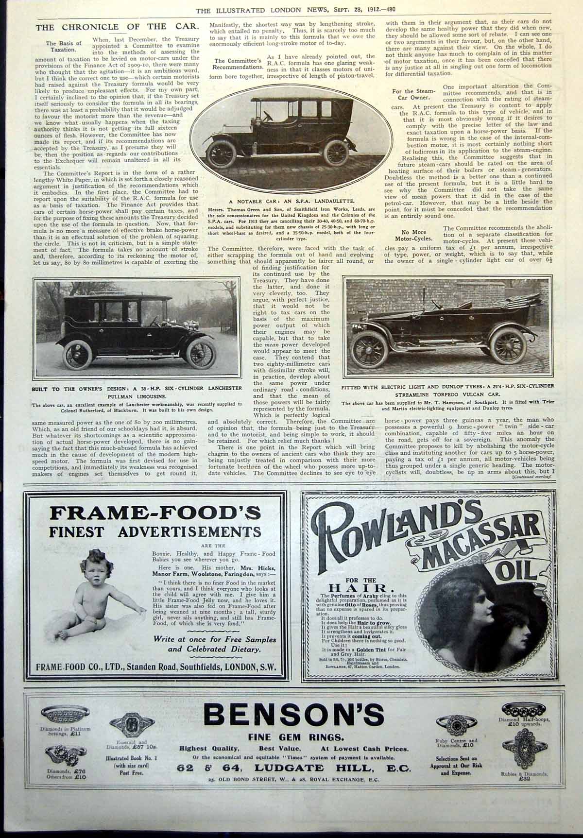 Old Spa Landaulette Lanchester Pullman Limousine Torpedo Vulcan Car1912 20th