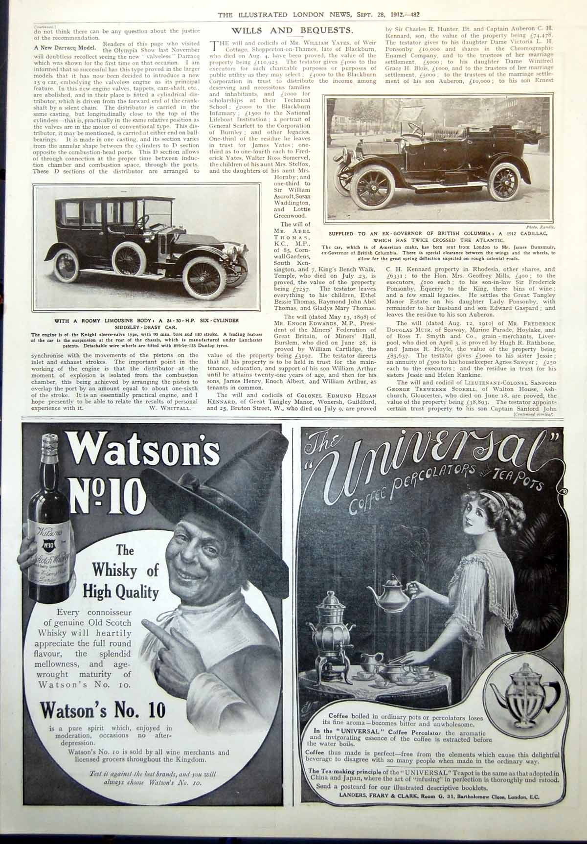 Old Print Limousine Body Siddeley Deasy Car Cadillac James Dunsmuir 1912 20th