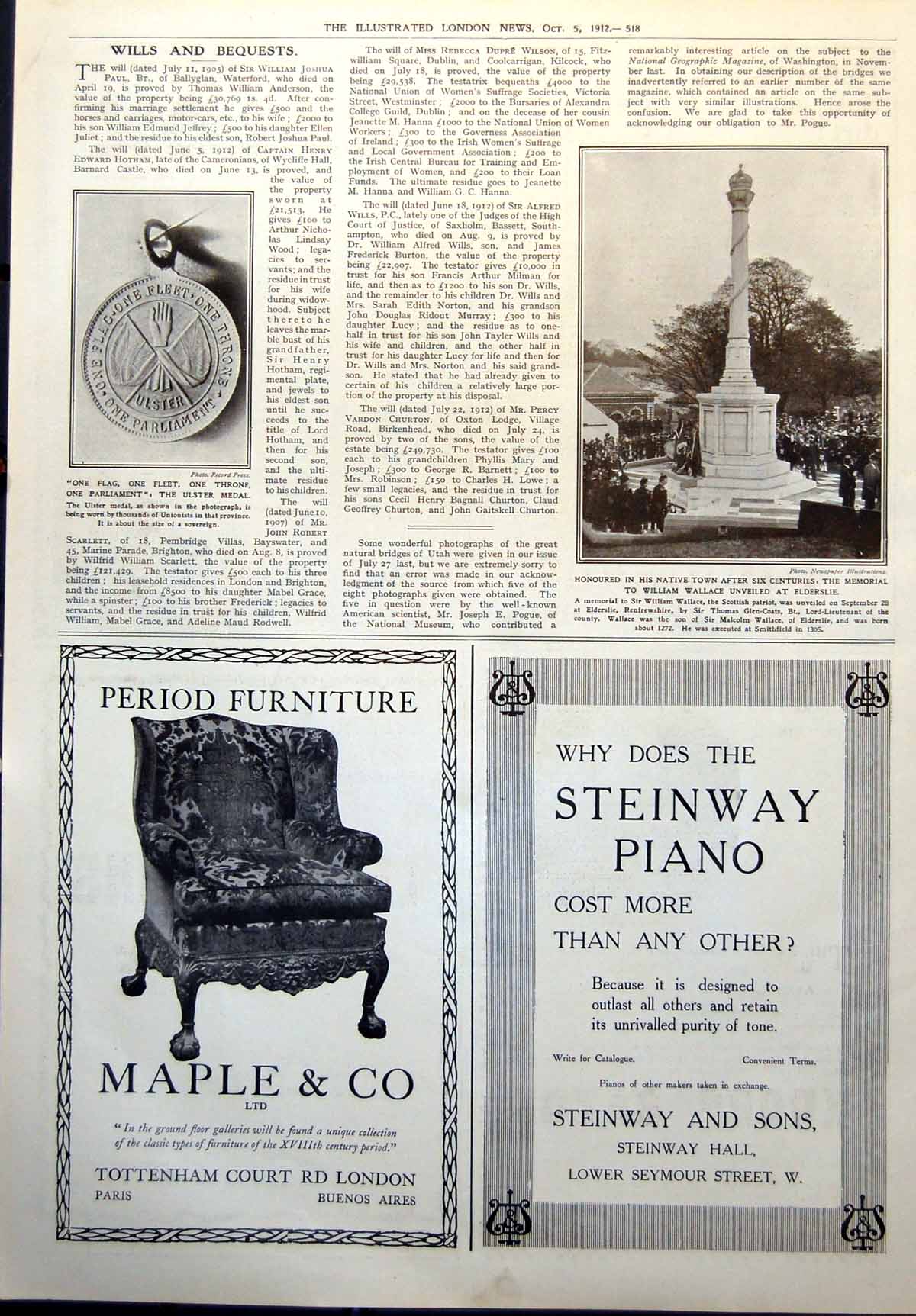 Old Ulster Medal Worn Unionists Memorial William Wallace Elderslie 1912 20th
