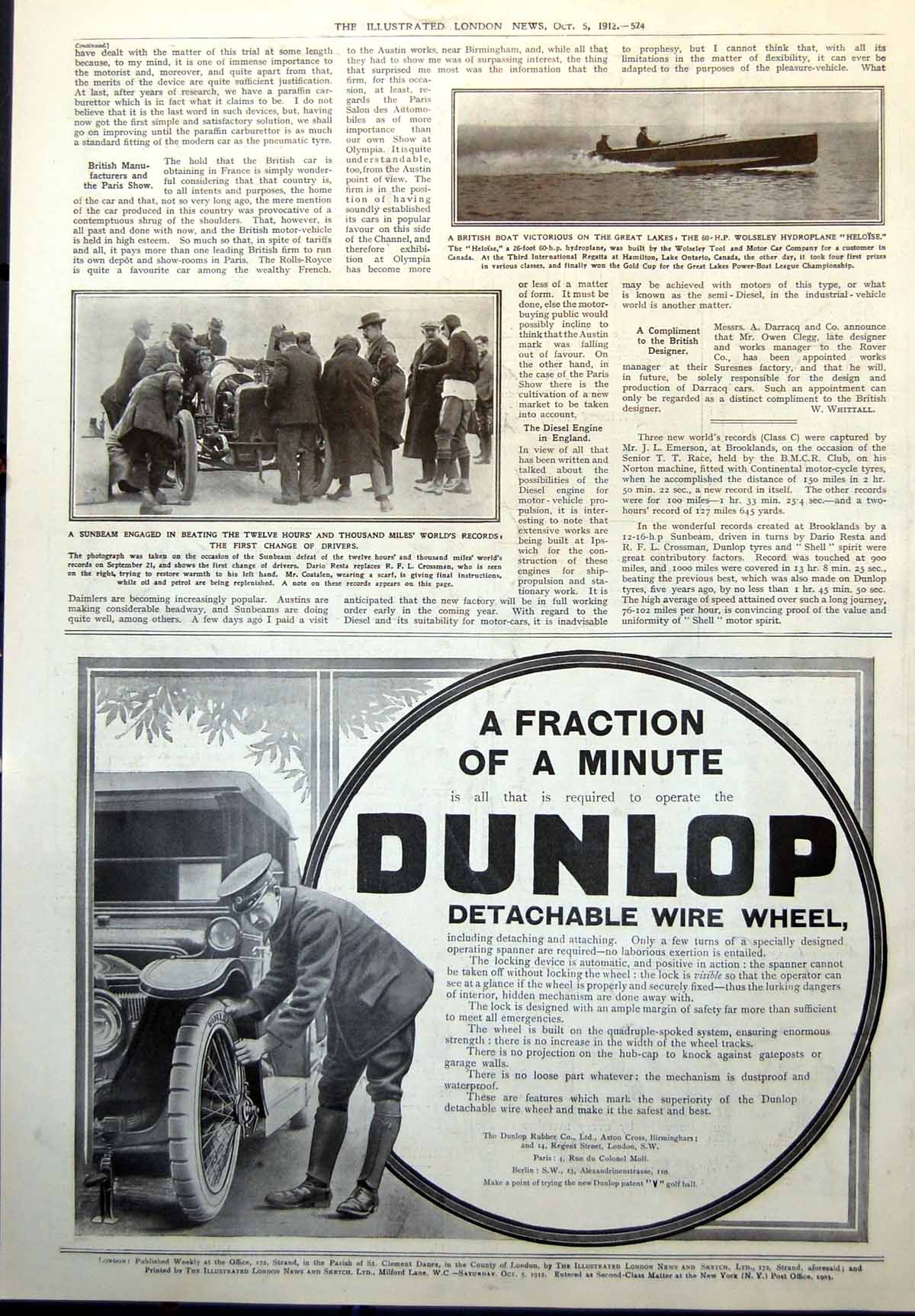 Old Print Sunbeam Trials Darlo Resta R Crossman Wolseley Hydroplane 1912 20th
