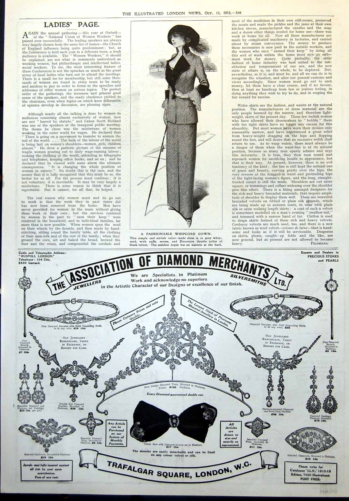 Antique Print Fashionable Whipcord Gown Association Diamond Merchants 1912 20th