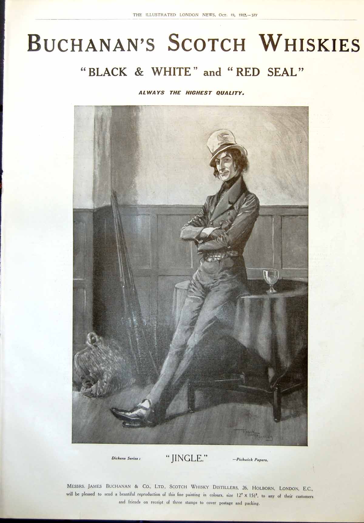 Old Print Black & White Red Label Whisky Lord Newton Rene Bull Malta 1912 20th