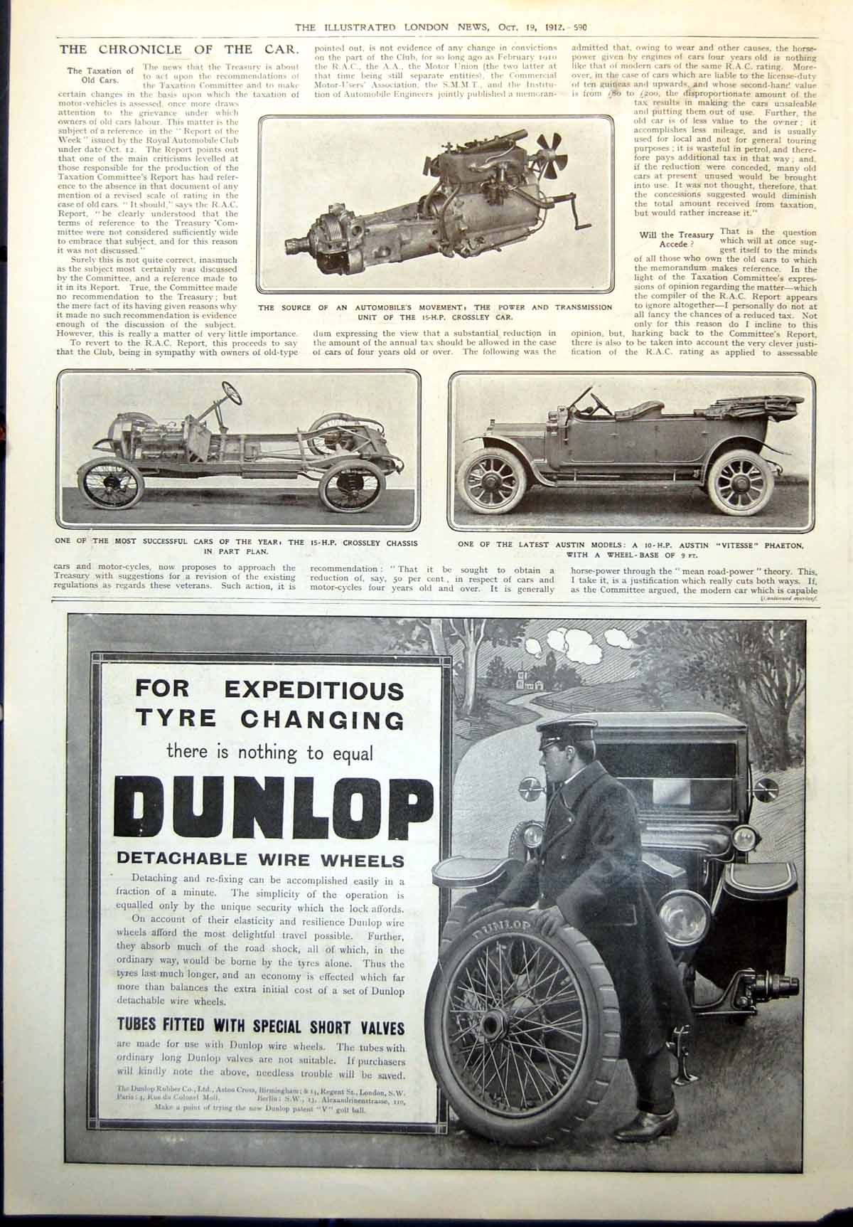 Old Print Power Unit Crossley Car Chassis Austin Vitesse Phaeton Car 1912 20th