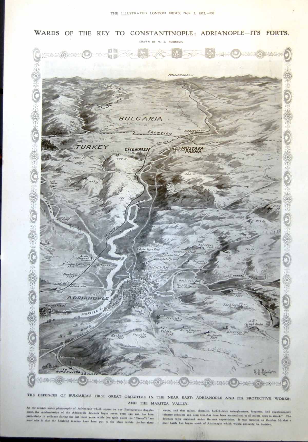 Antique Print Adrianople Forts Maritza Valley War Zones Saloncia Uskub 1912