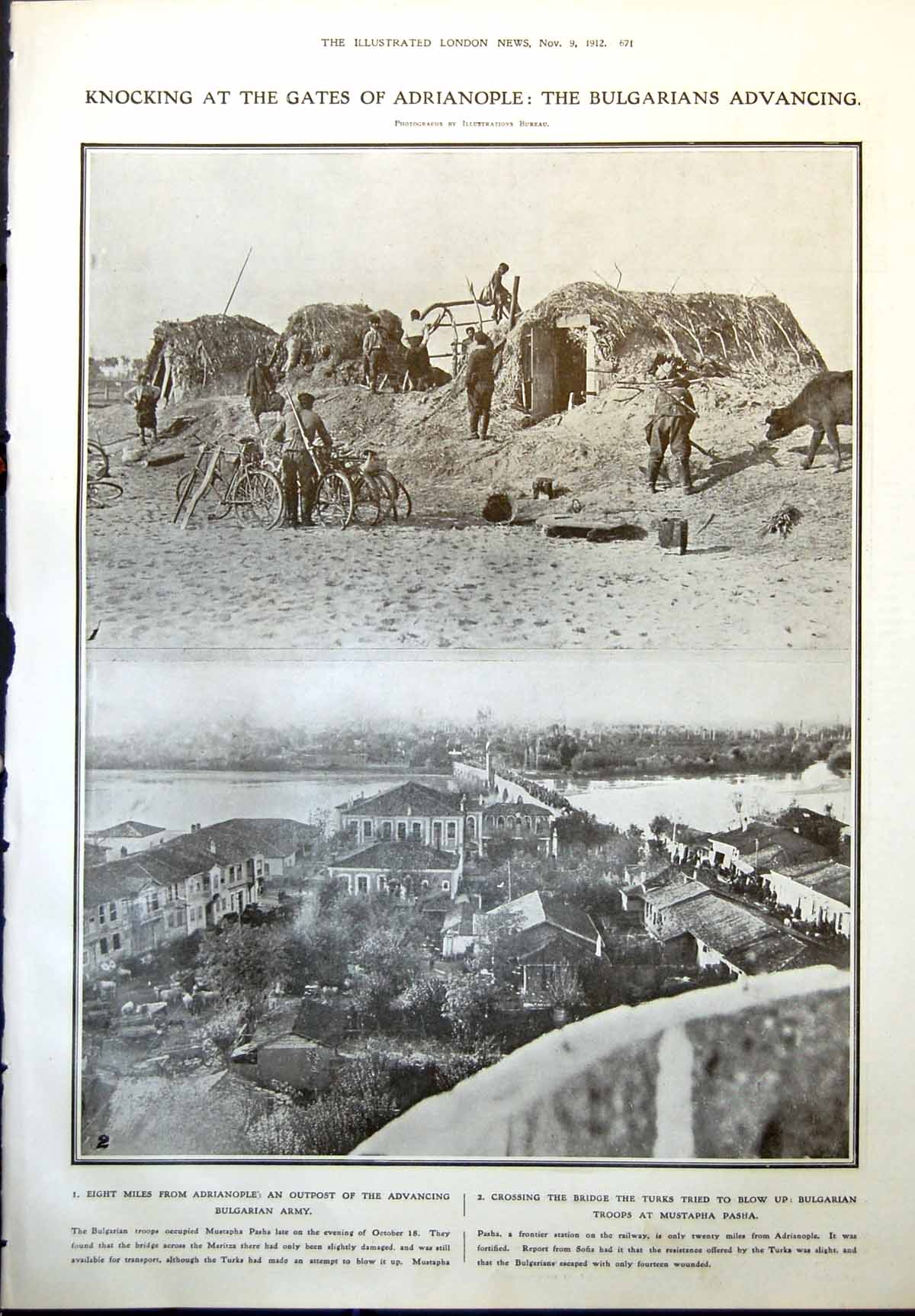 Old Print Outpost Bulgarian Army Adrianople Transport Mustapha Pasha 1912 20th