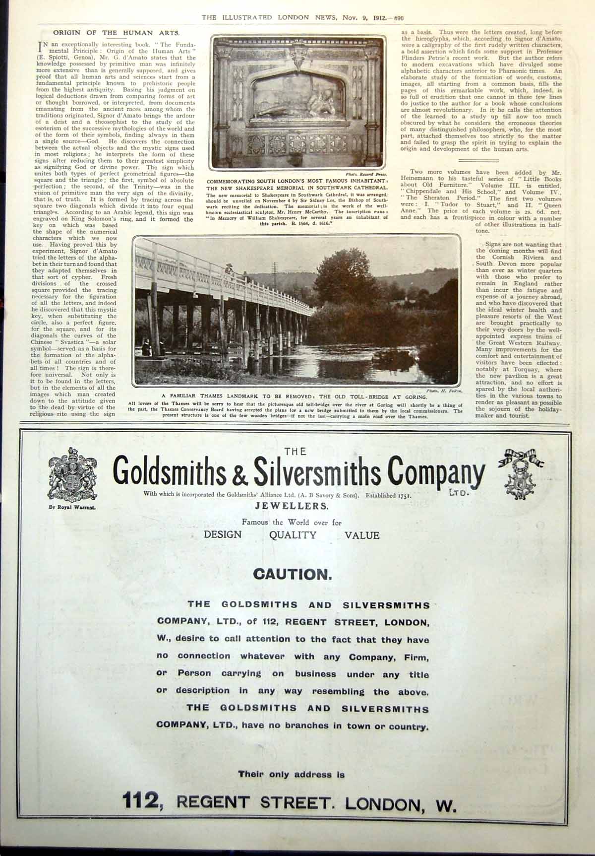 Old Shakespeare Memorial Southwark Cathedral Toll Bridge Goring 1912 20th