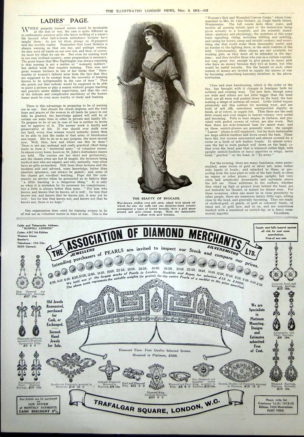 Antique Print Brocade Dress Coiffure GBandeau Assoc Diamond Merchants 1912 20th