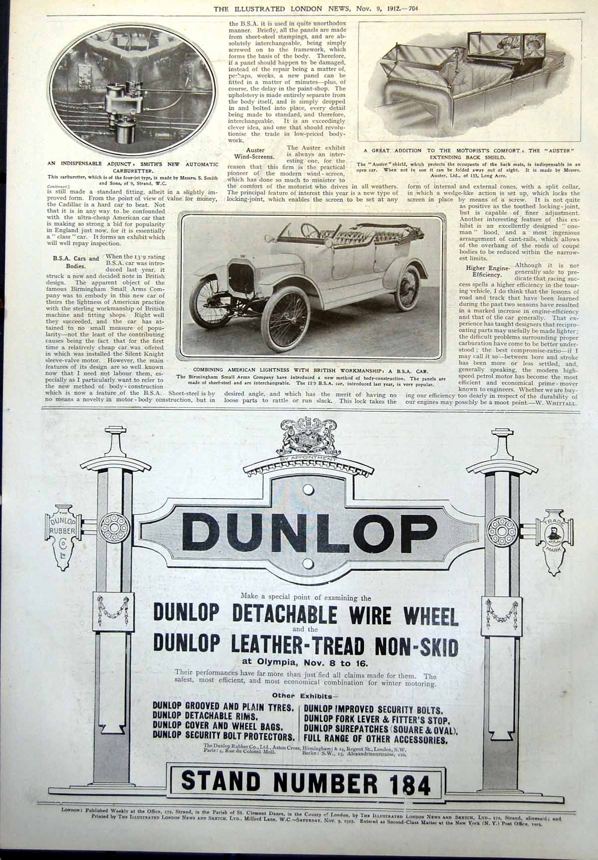 Antique Print Smihs Automatic Carburetter Auster Back Shield B S A Car 1912