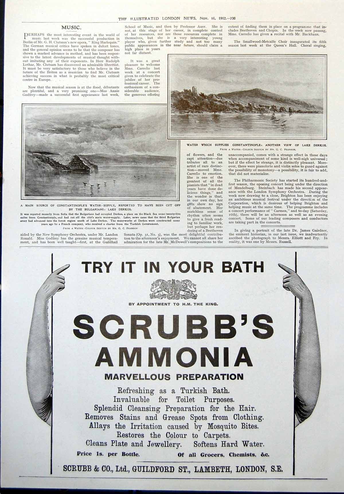 Old Print Water Supply Constantinople Lake Derkos Cut Off Bulgarians 1912 20th