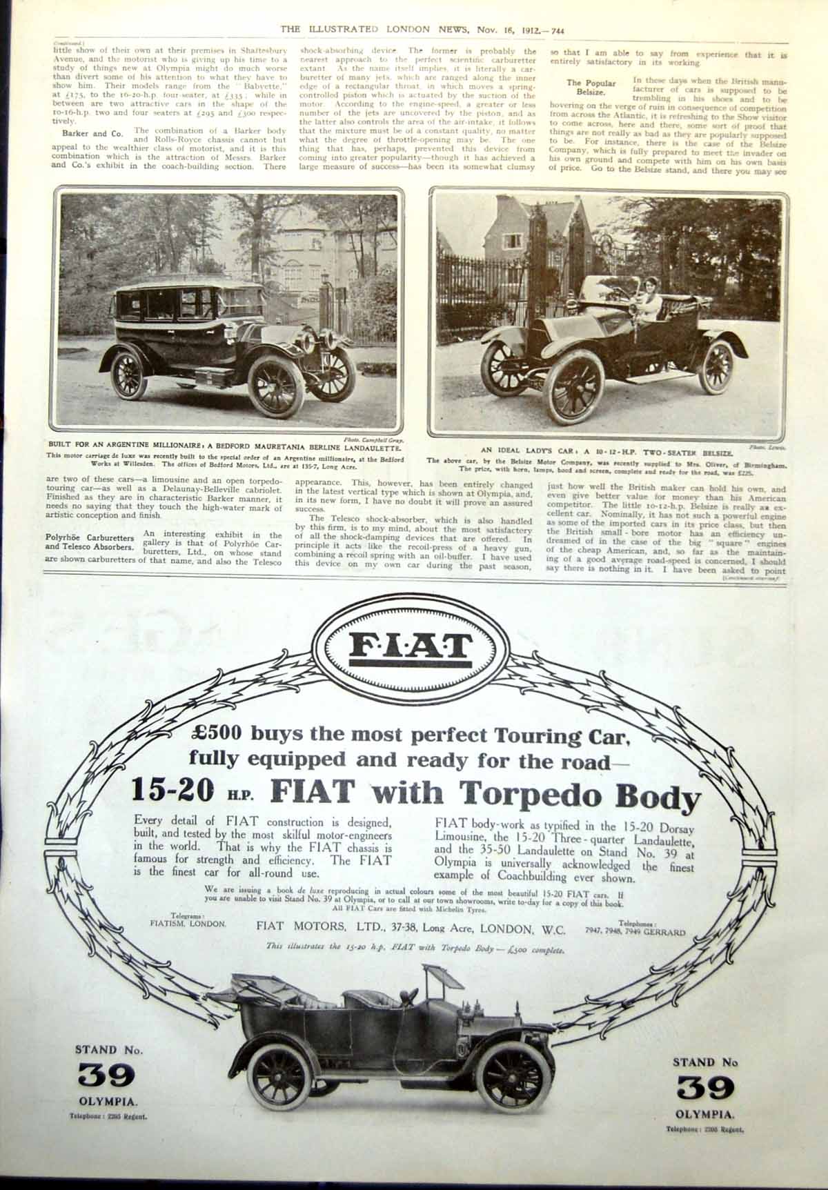 Antique Print Bedford Berline Landaulette Ladys Car Two Seater Belsize 1912