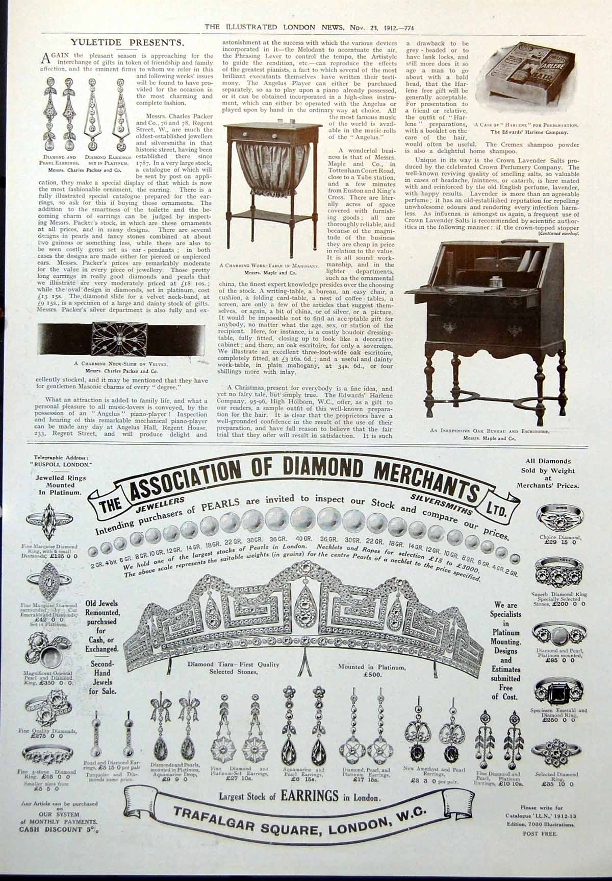 Old Print Yuletide Presents Earrings Work Table Mahogany Maple & Co 1912 20th