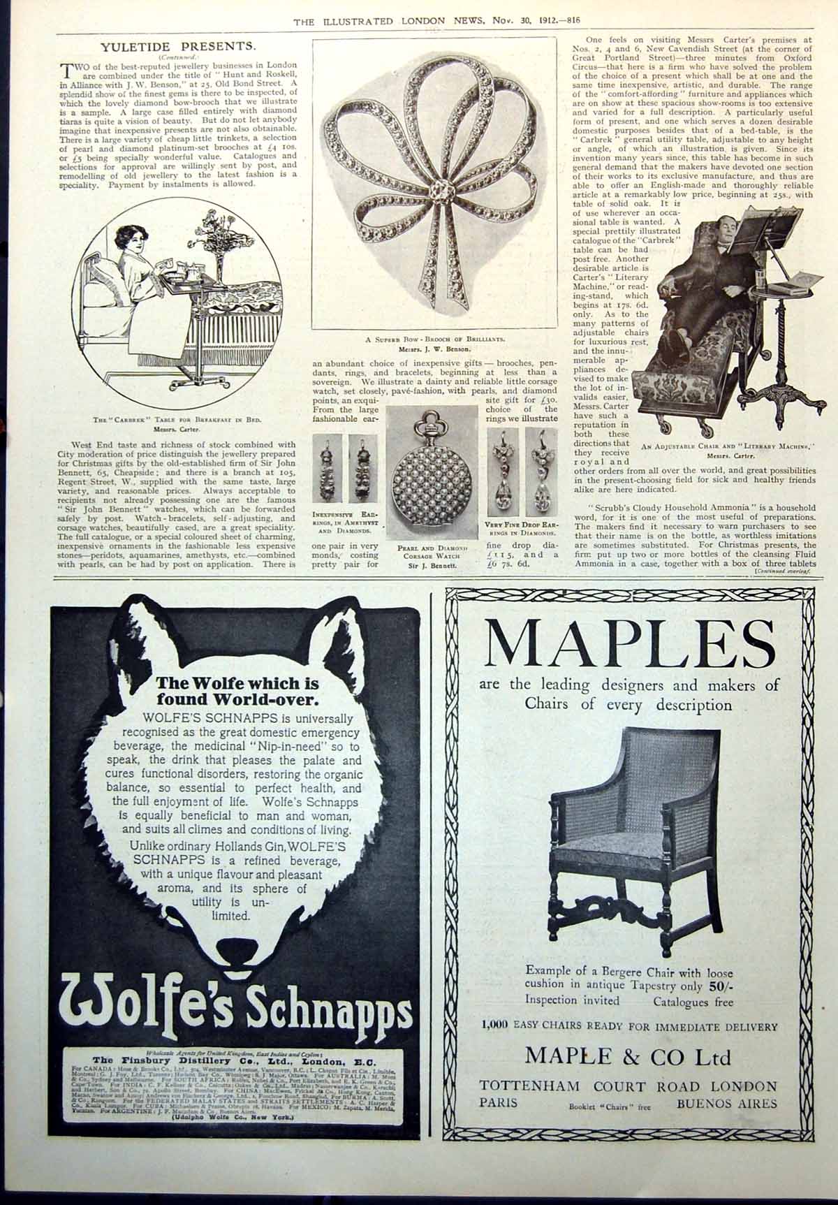 Old Print Carrier Table Breakfast Bed Adjustable Chair Corsage Watch 1912 20th