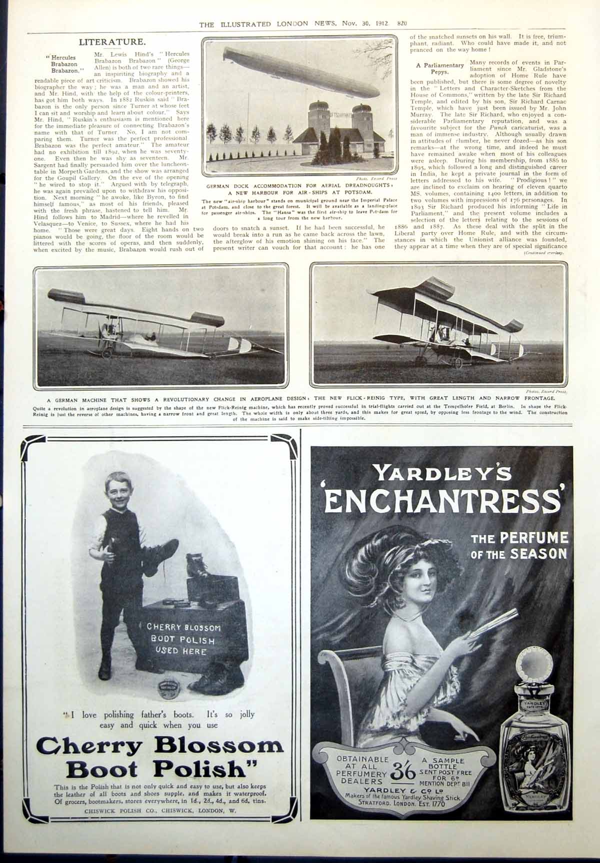 Old Print Harbour Airships Potsdam New Aeroplane Design Flick Reinig 1912 20th